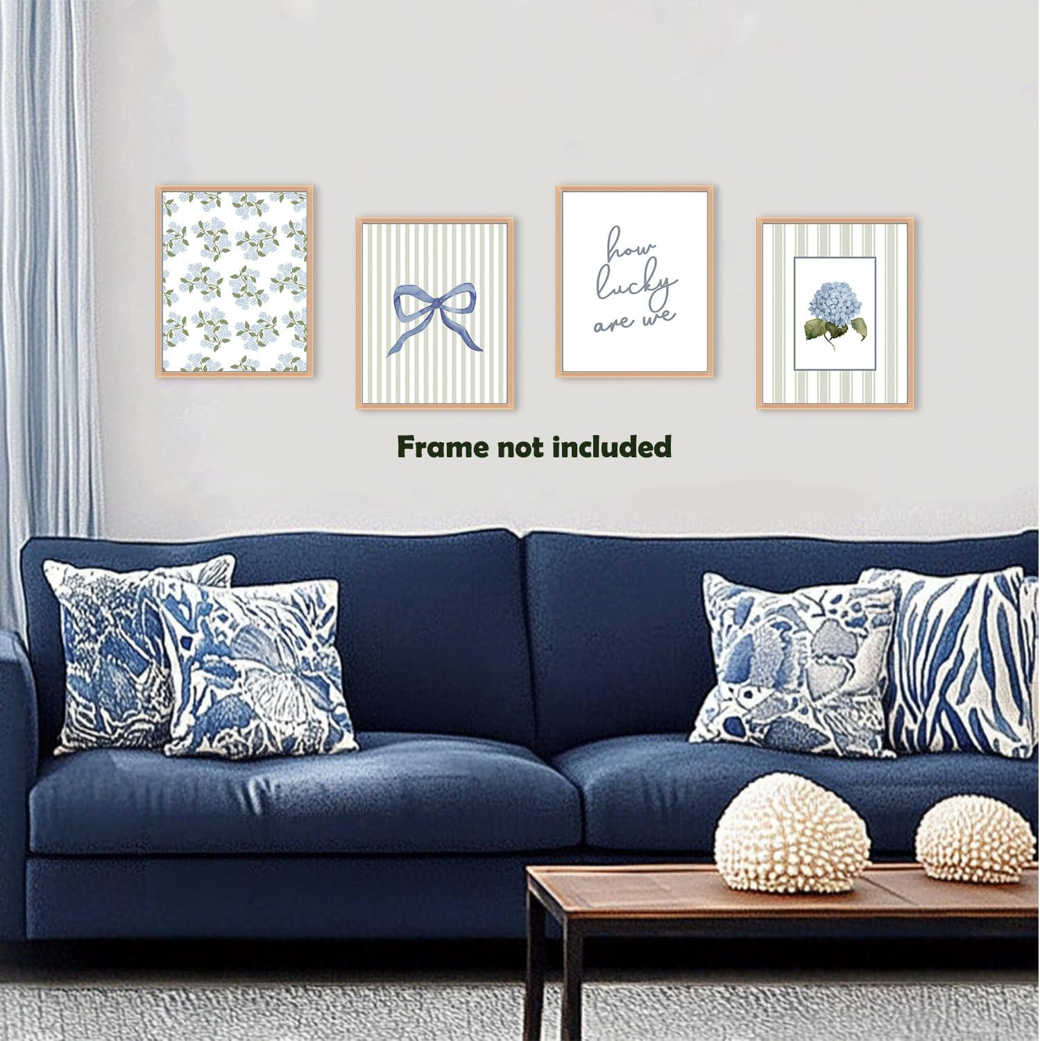 Sage Green Preppy Coquette Blue Bow Hydrangea Floral Wall Art Prints 8X10 Inch S