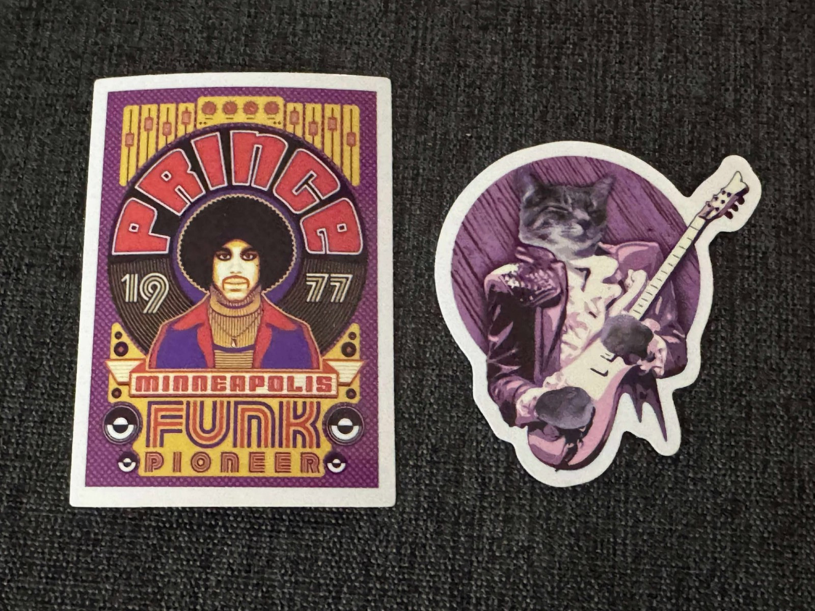 Lot (2) PRINCE 1 3/4" to 2 1/2" Purple Rain Cat STICKERS Fast! FREE SHIP! Funk