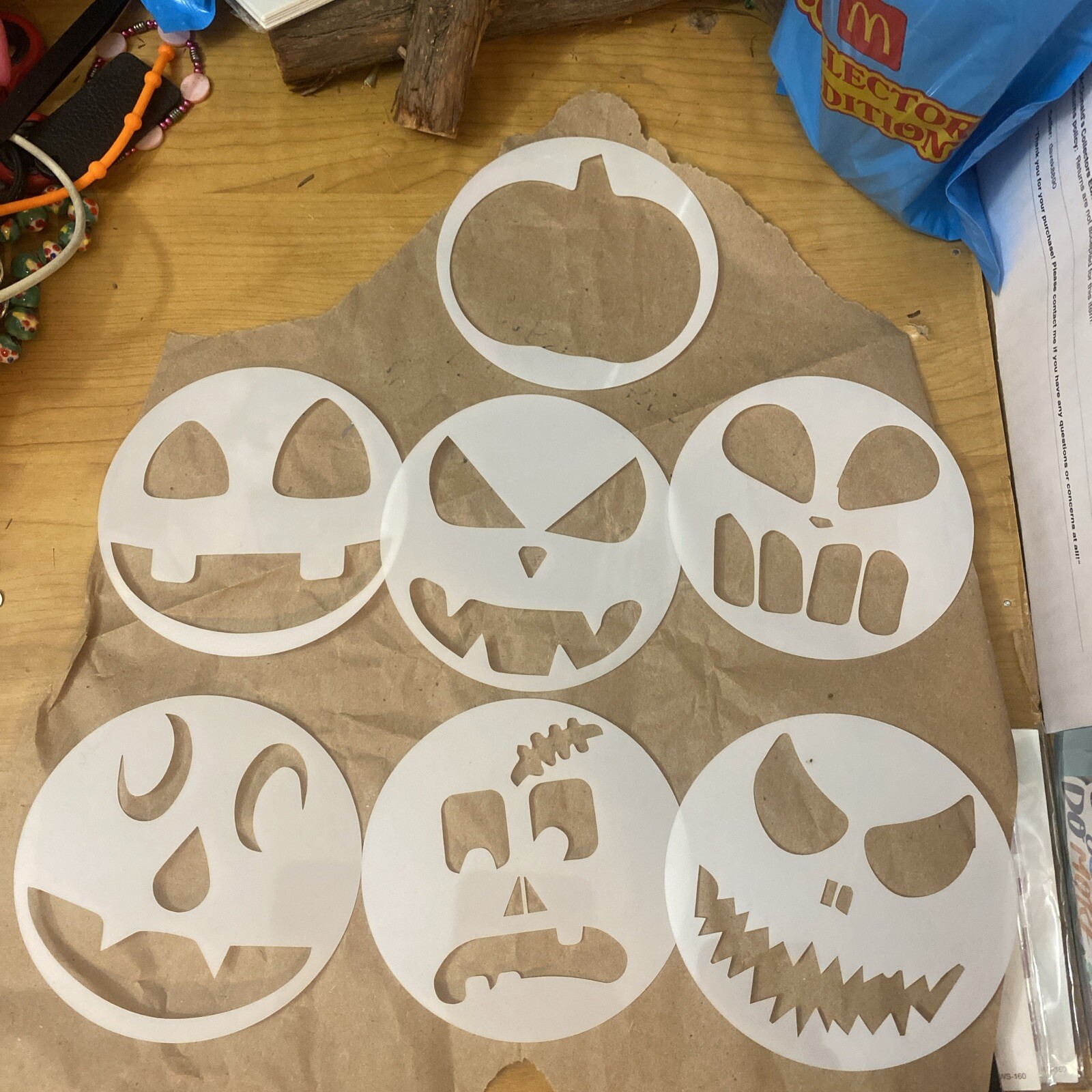 7 PACK Pumpkin Carved Faces Vinyl Decals Halloween Carving 6 In Round