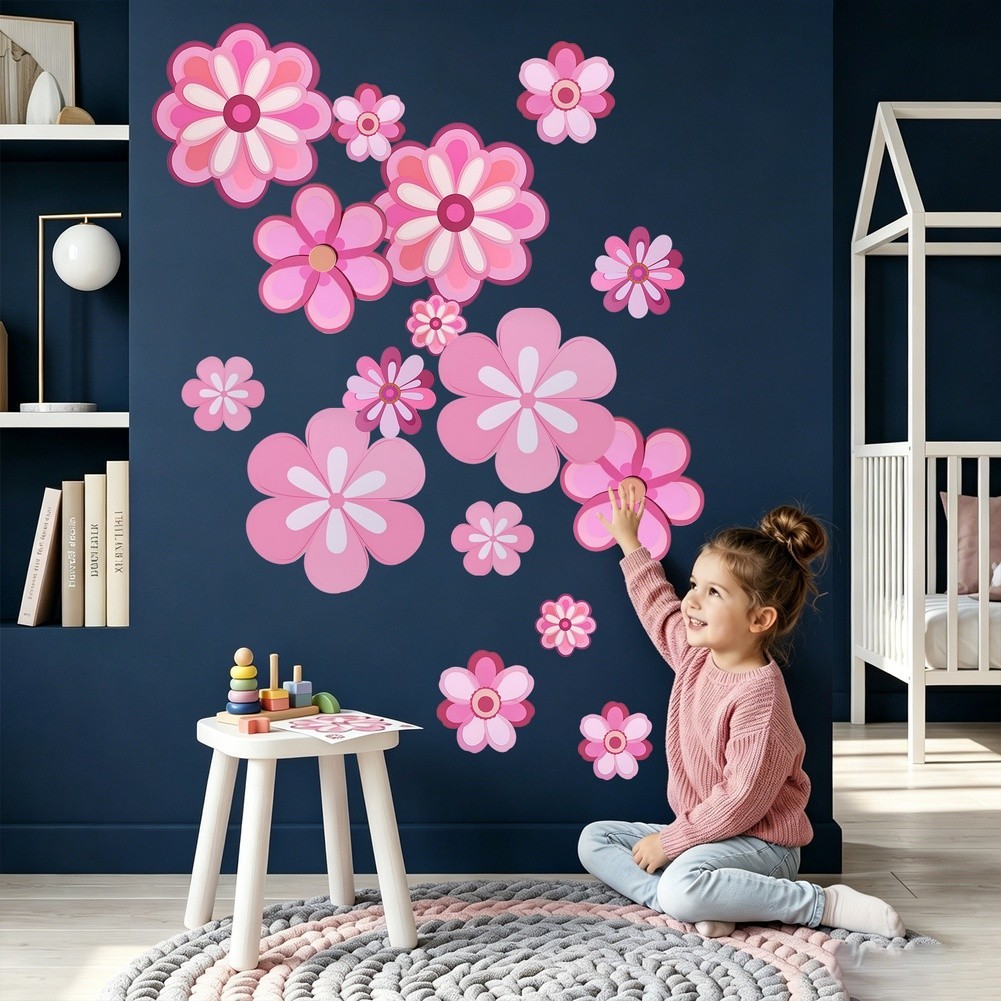 Pink Flower Wall Stickers 16pcs Waterproof Vinyl Decals for Nursery Bedroom