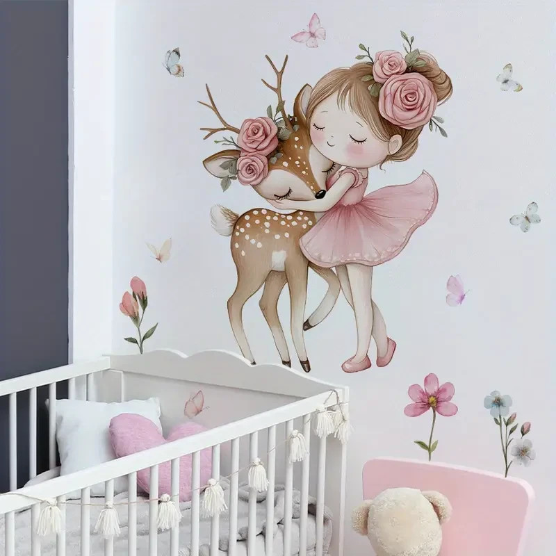 New Pink Ballerina Wall Decal Art Stickers Girl Deer Flowers Self-Adhesive 107