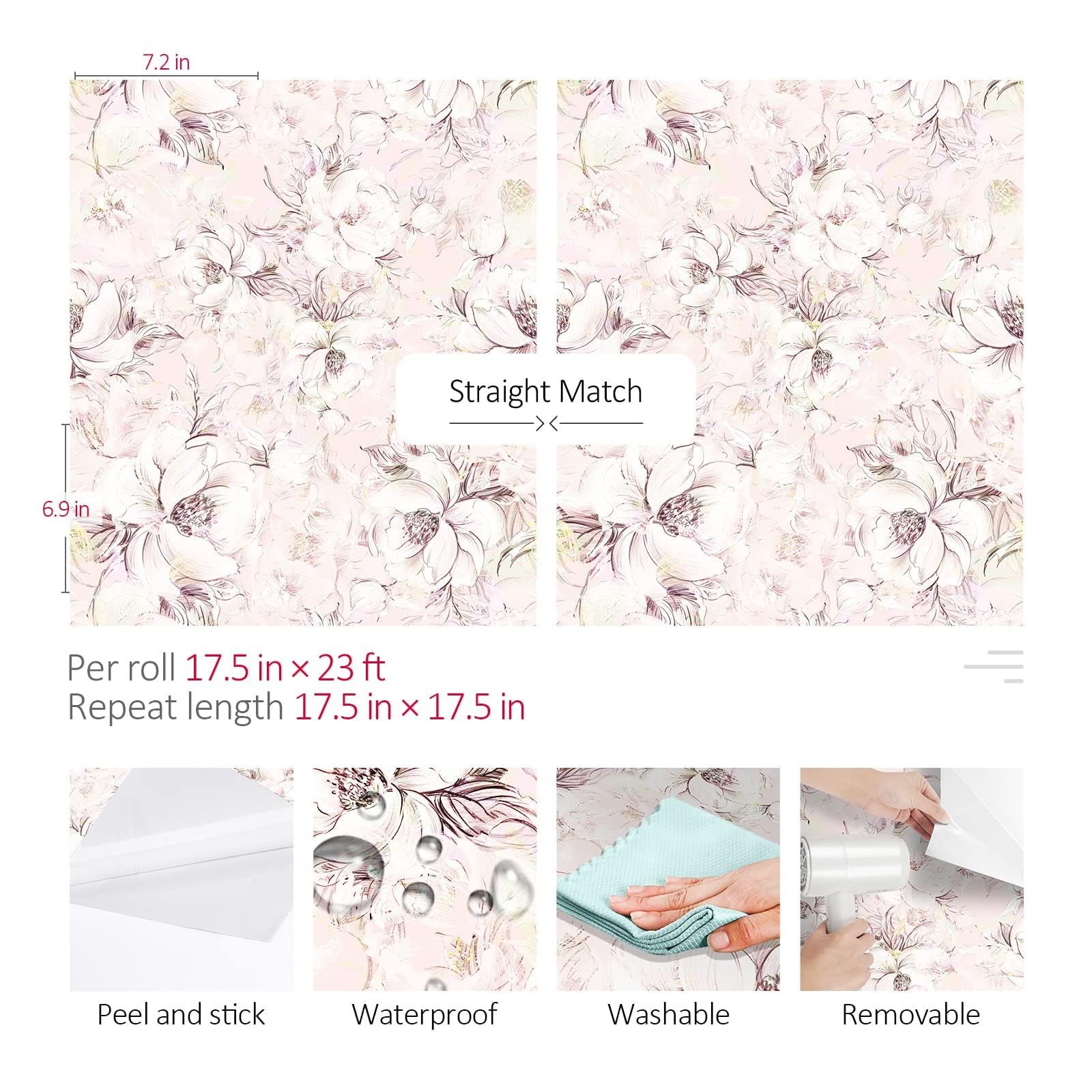 17.5in X 23ft Removable Aesthetic Floral Wallpaper Pink Peel and Stick Renter…