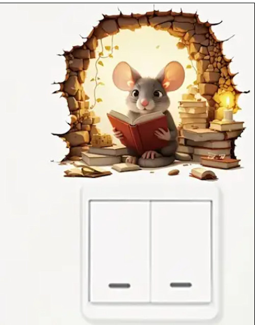 Rat Mouse Hole 4B Reading Book Wall Sticker Realistic Adhesive Decal Living Room