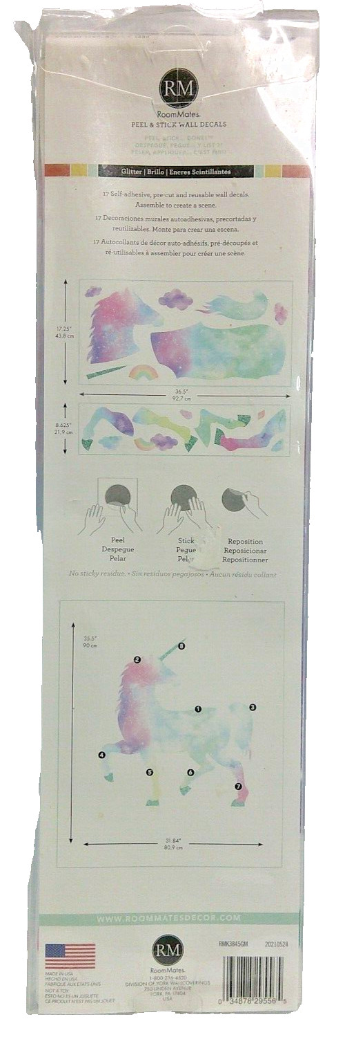 NEW RoomMates, Galaxy Unicorn Peel And Stick Giant Wall Decal With Glitter