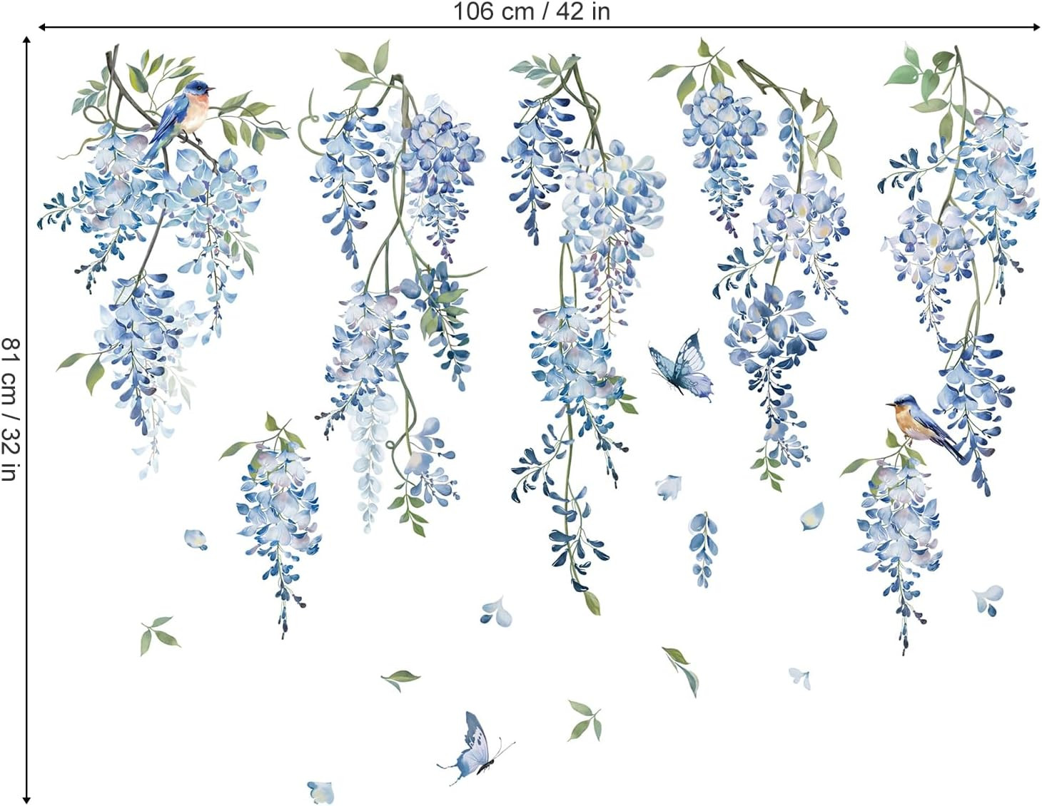 Hanging Flower Vine Wall Decal Blue Wisteria Floral Vines Wall Stickers Livin…