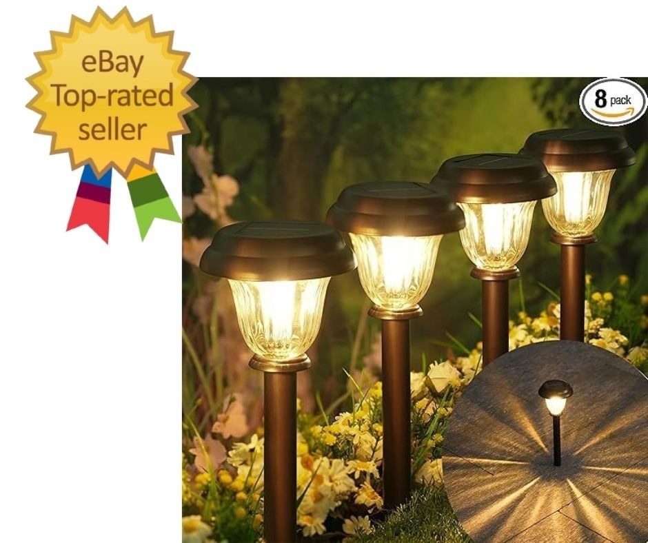 8 Pack Solar Lights Outdoor, Stainless Steel Glass Solar Pathway Lights, Auto…