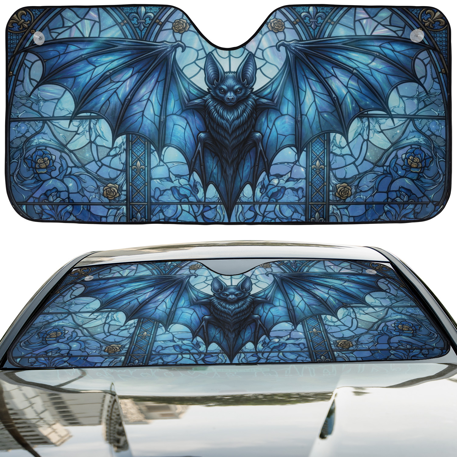 Gothic Blue Bat Car Sunshade Mystical Night Bat Windshield Sun Shade Car Truck