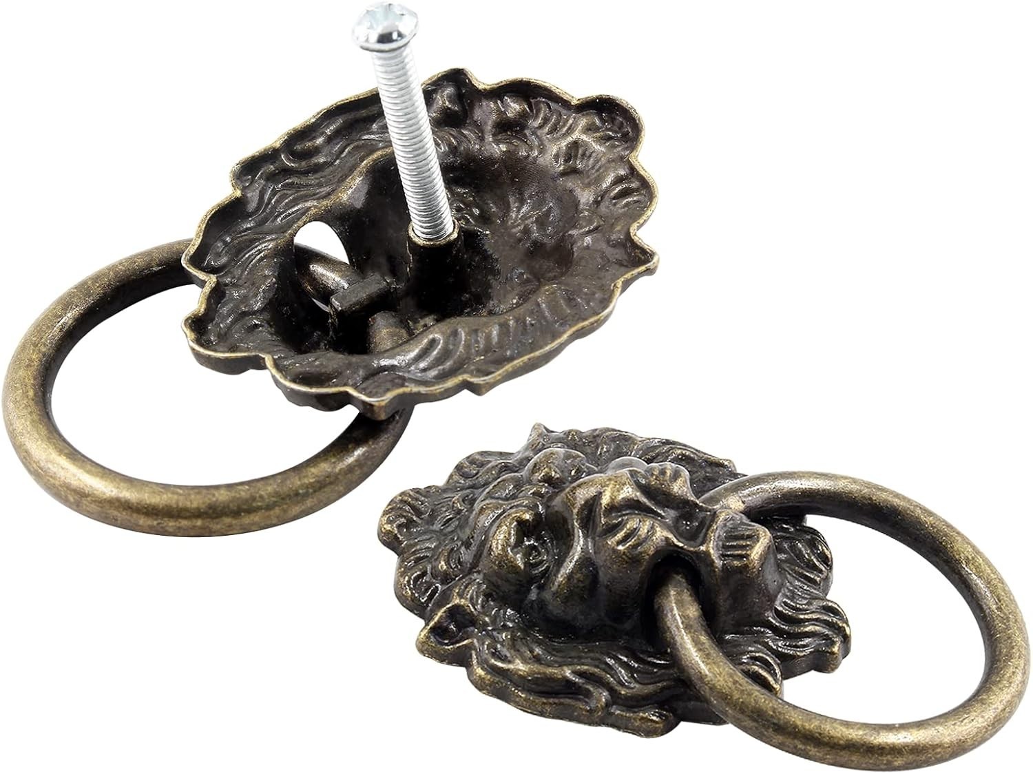 6 Pcs Antique Bronze Lion Head Knobs Pull Handles Drawer Dresser Cabinet Ring Pu