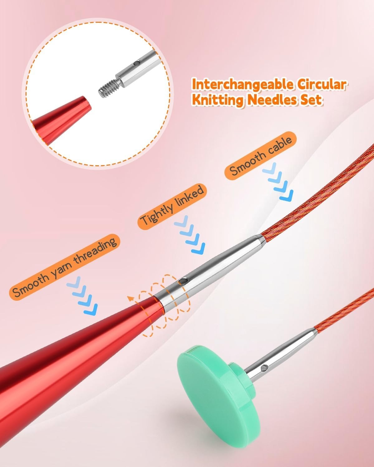 Interchangeable Knitting Needle Set w/Circular Cable for Crafters, 13 Needles