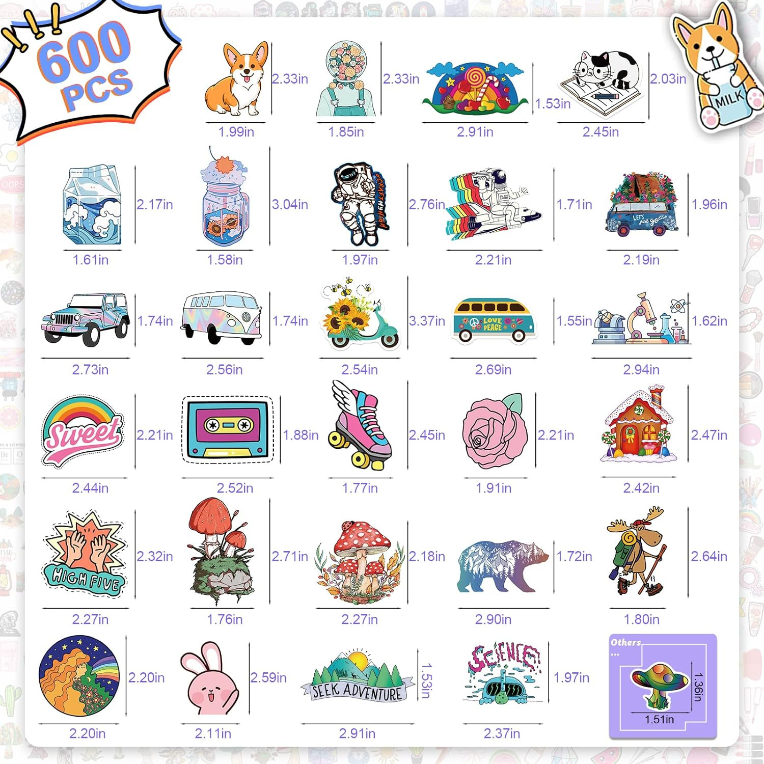 600 PCS Stickers Pack，Cute Colorful Waterproof Stickers，Vinyl Art Stickers.Stick