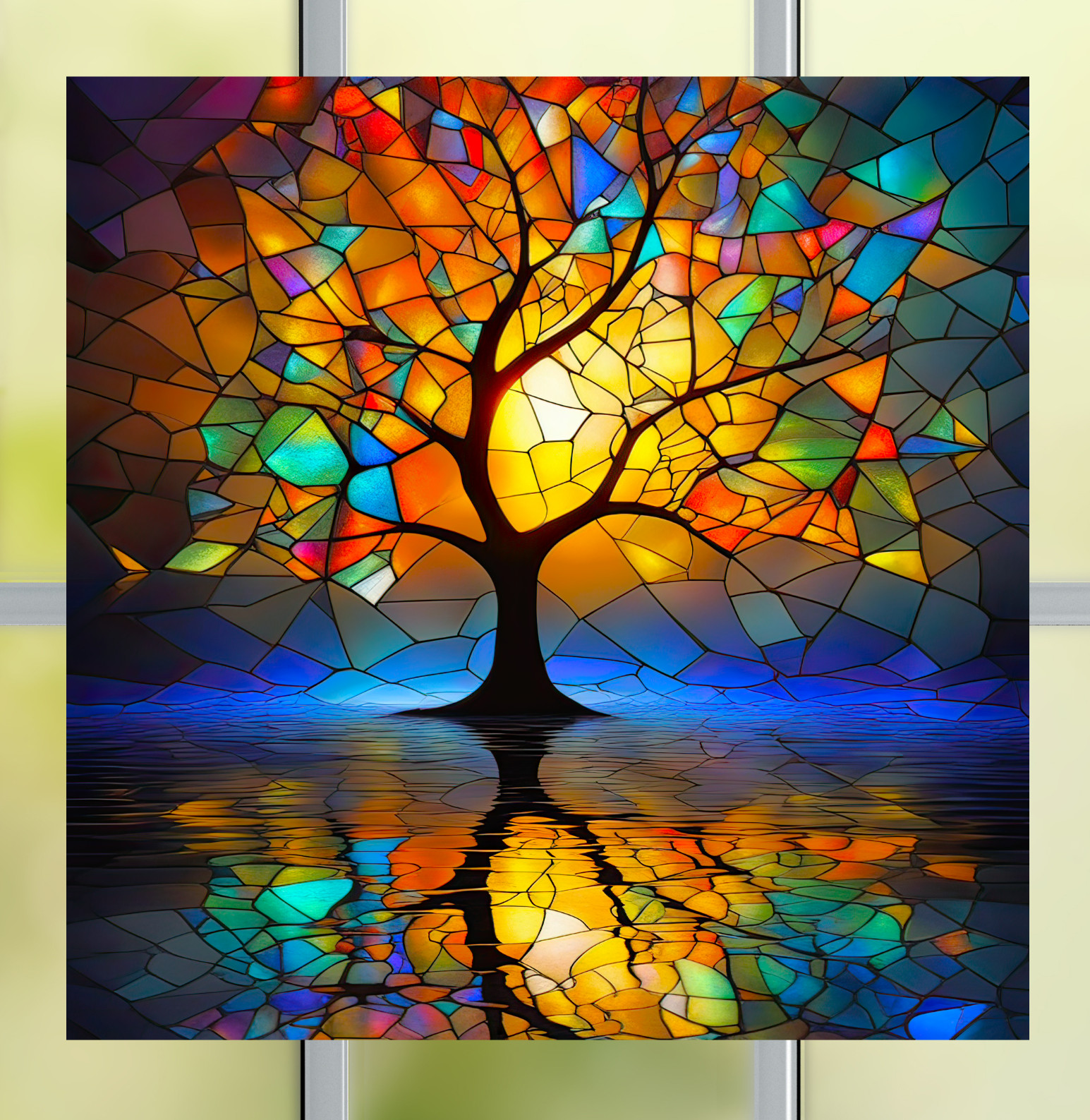Tree with Reflection ~ Faux Stained-Glass WINDOW CLING Size 8" Square Vinyl