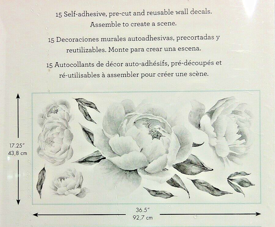 NEW RoomMates Black White Peony Giant Peel Stick Wall Decals Home Decor Floral