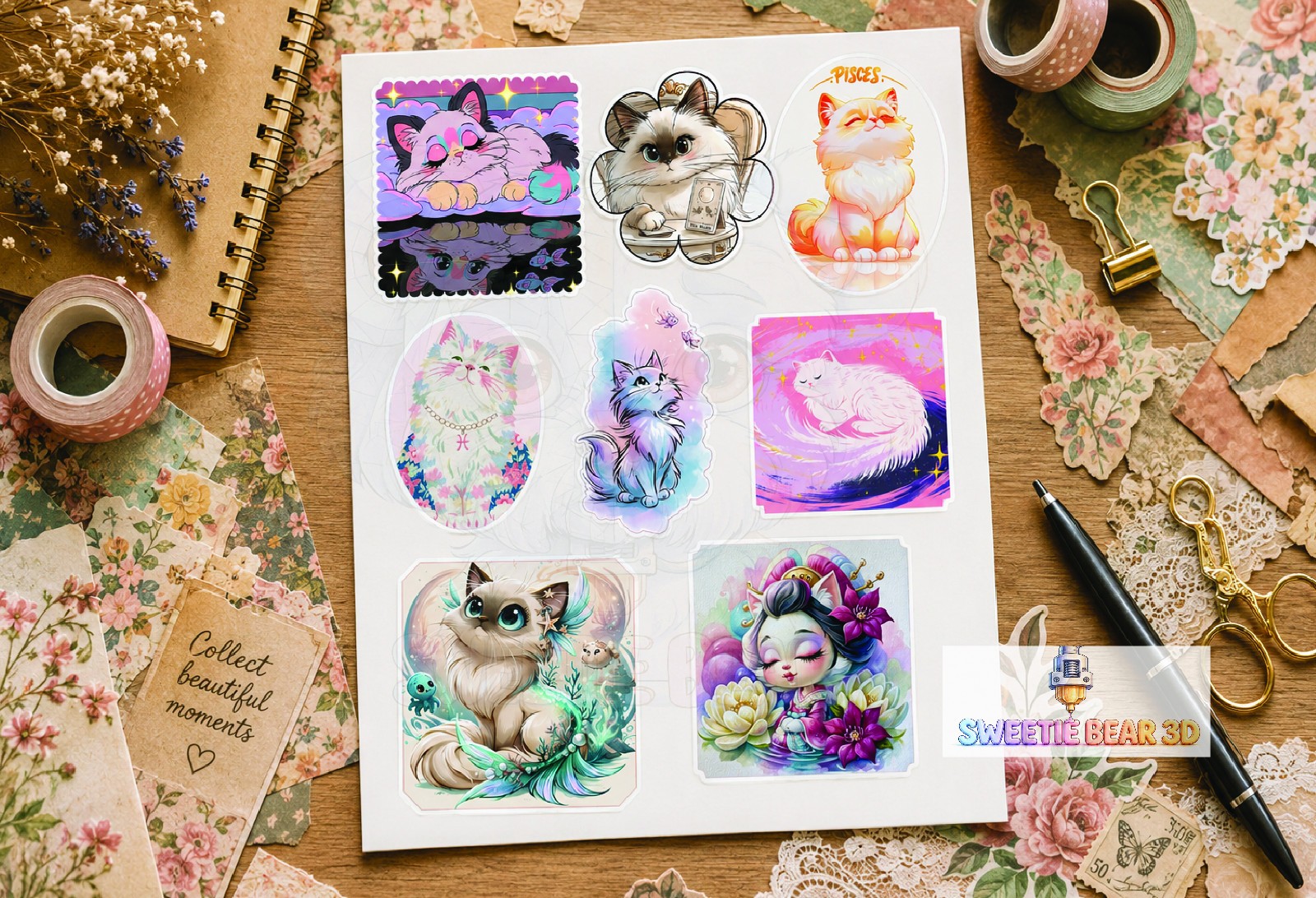 8 Pack Pisces Zodiac Cat Sticker Astrology For Pisces Sun Moon or Rising