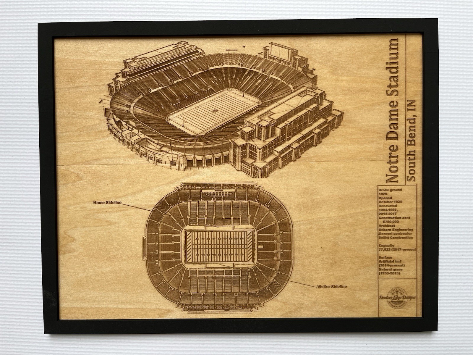 Notre Dame Stadium Blueprint Engraved Wood Wall Decor Laser Engraved