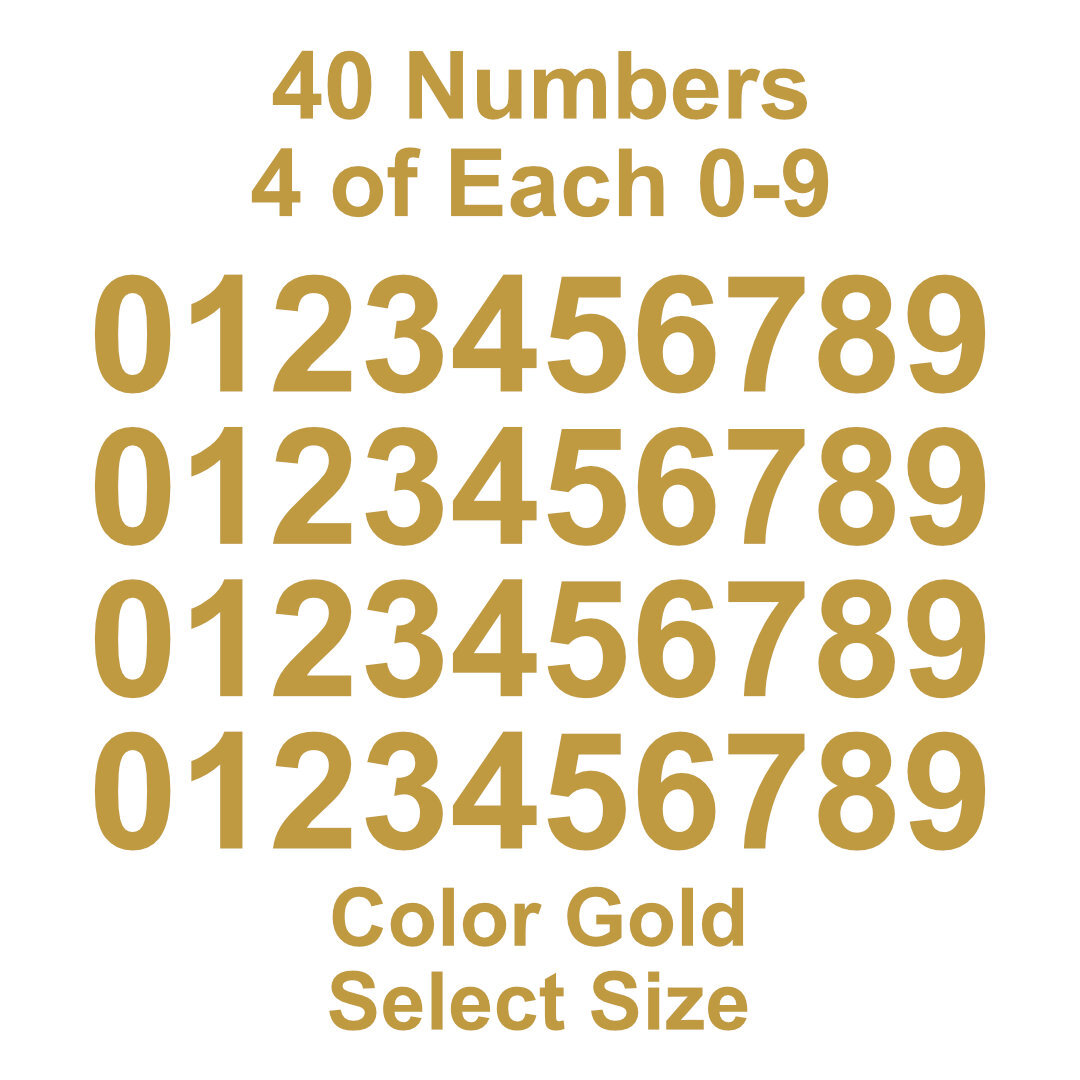 0 – 9 Number Decals Color: Gold – Select Size – 40 Stickers 4 of Each Number