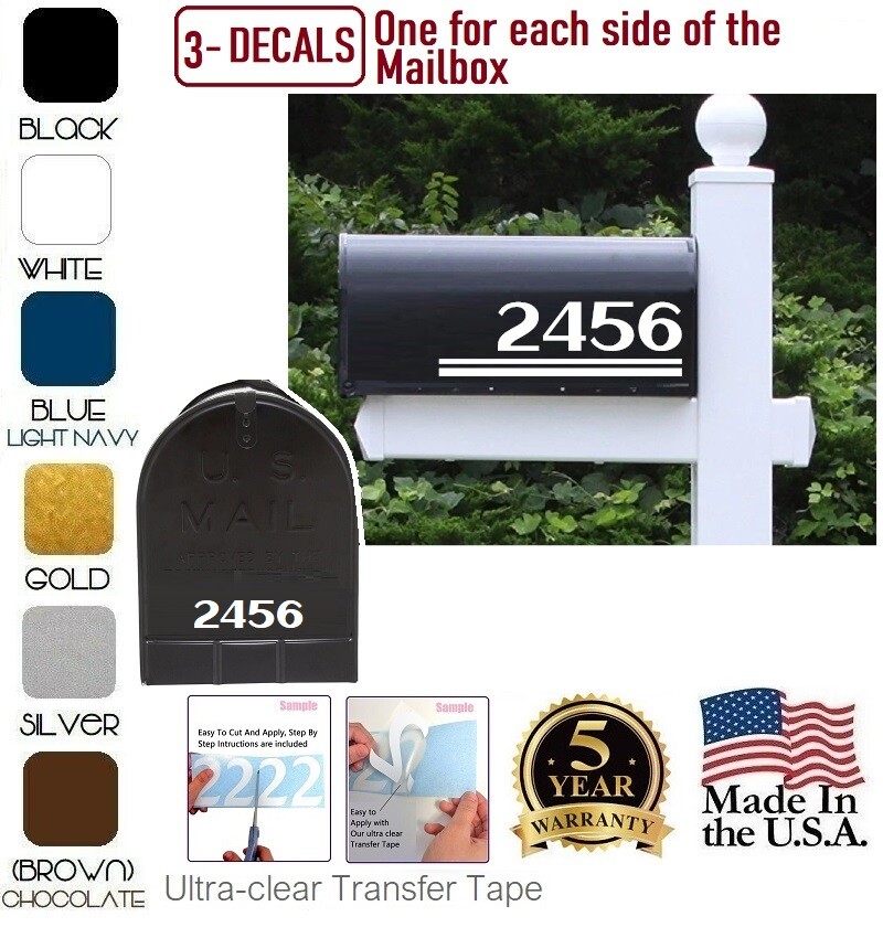 SET OF 3 CUSTOM MADE VINYL MAILBOX NUMBERS DECAL, Easy to install (Model 25)