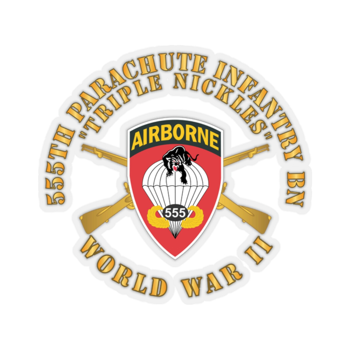 Kiss-Cut Stickers – 555th Infantry Parachute Bn SSI – Triple Nickles – WWII w Br