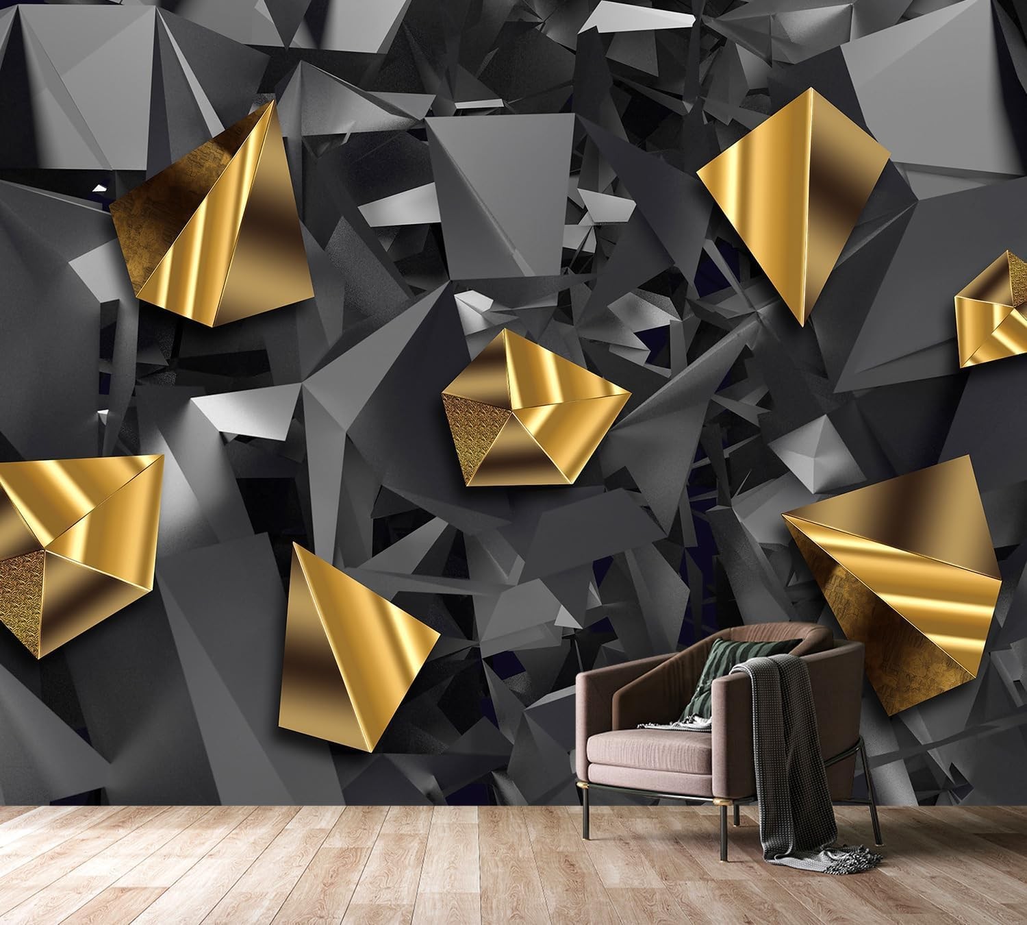 3D Black Grey Gold Geometric Wallpaper Mural 135×96 Modern Fabric Wall Art