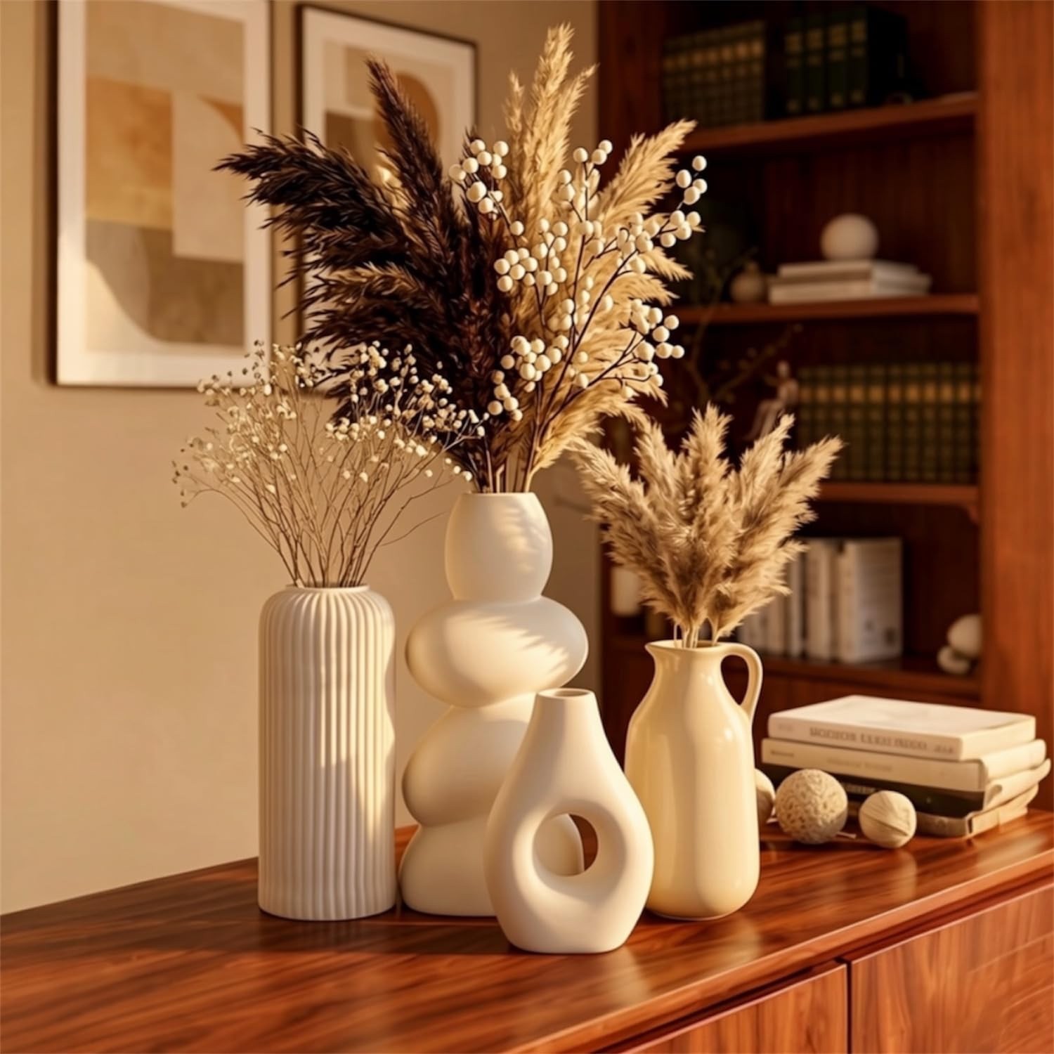 Set of 4 Ceramic Vases for Home Decor | White & Beige Modern Minimalist Vase Set
