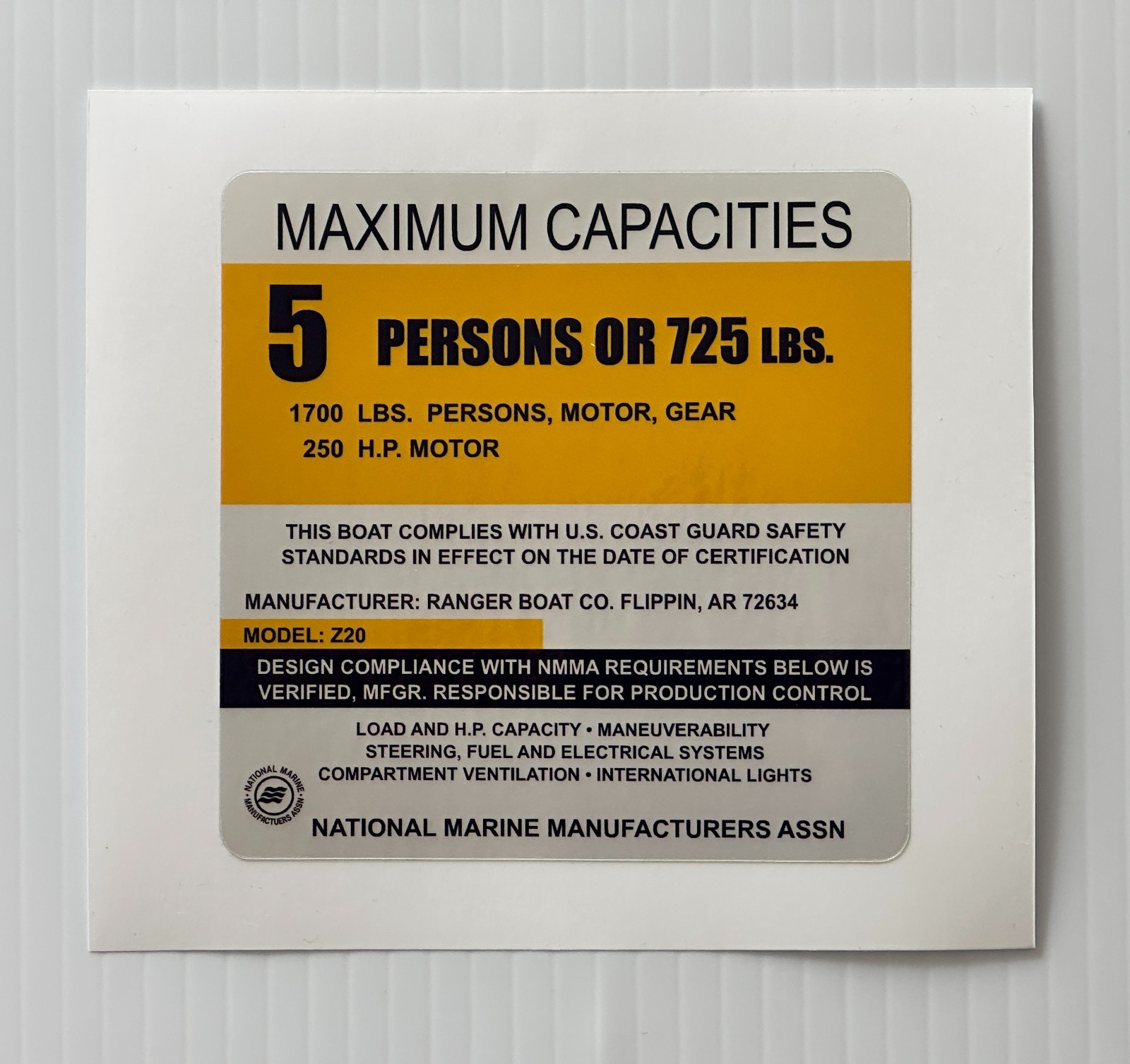 Ranger Boats Z20 Capacity Plate Sticker – Replacement Decal – Same Day Shipping