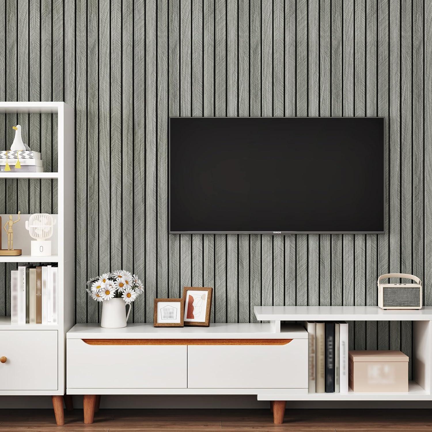 Grey Wood Wall Slat Panels Peel and Stick 3D Fluted Wood Panels for Interior Wal