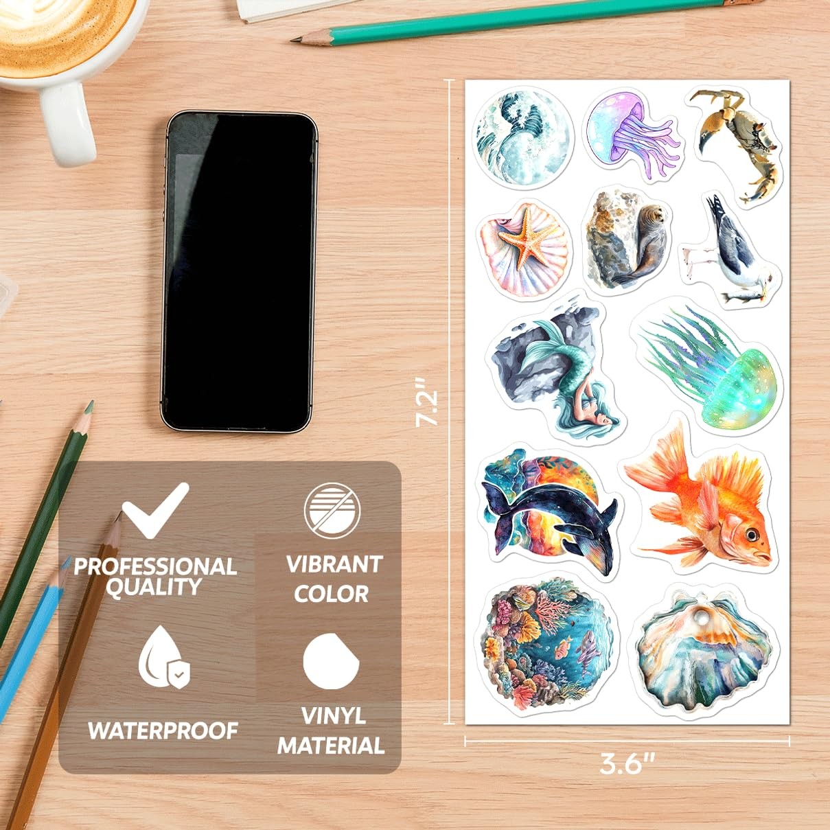Ocean Aesthetic Vinyl Stickers Pack with Mermaids Seashells Sea Creatures for…