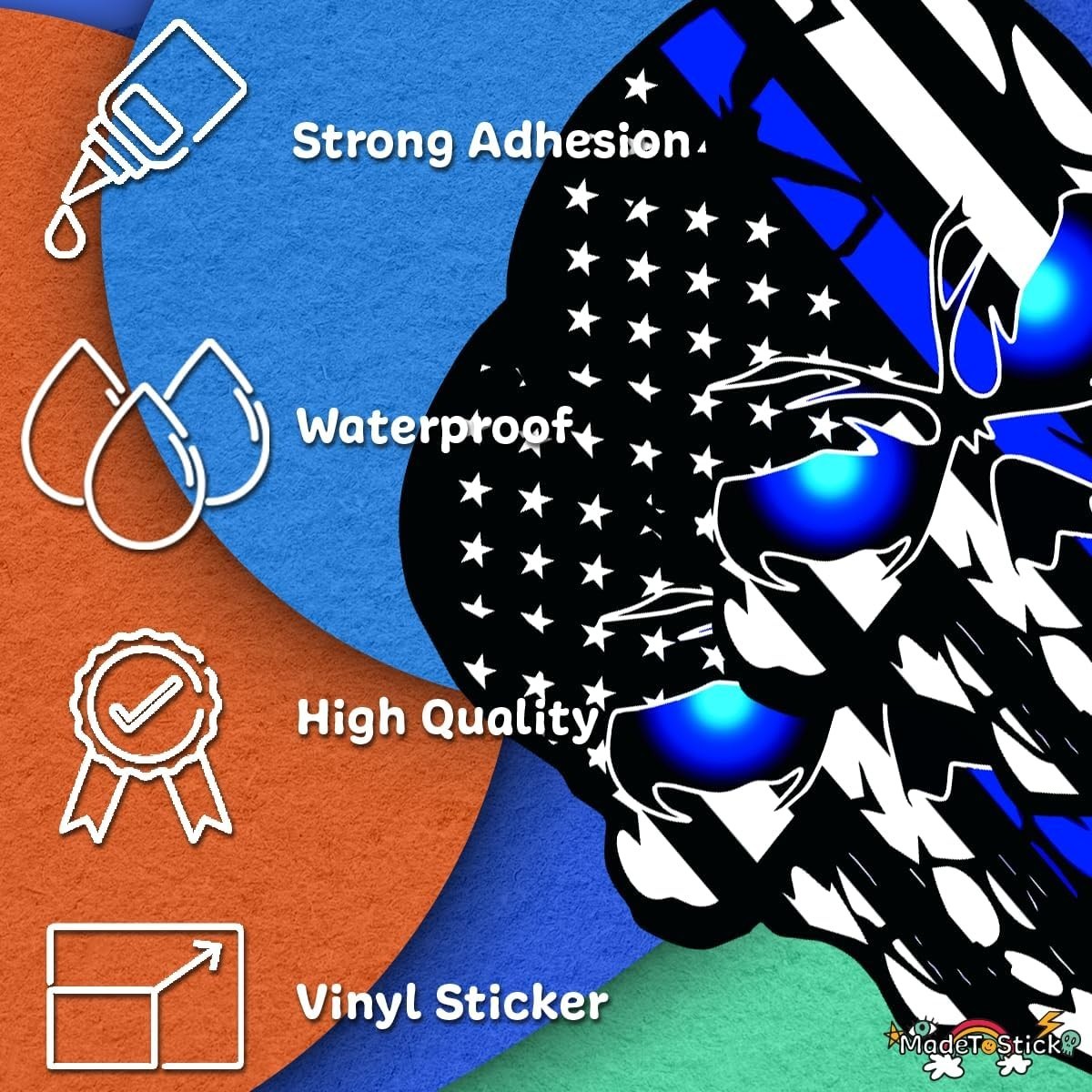 2-Pack Thin Blue Line Skull American Flag Patriotic Sticker Decal 5"x3.5"