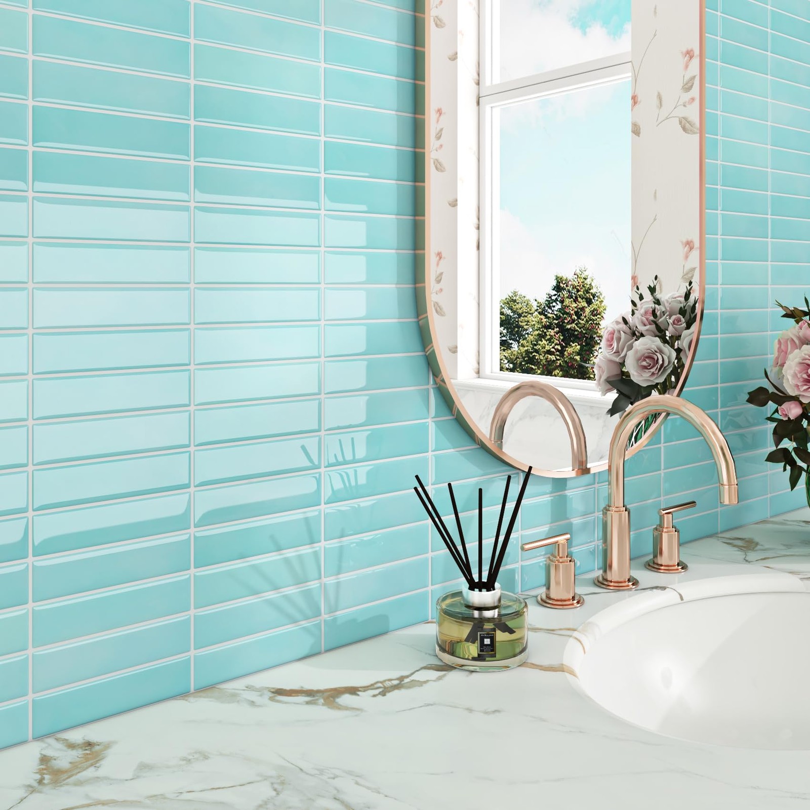 34 Sheets Kitchen Backsplash Tiles Peel and Stick Teal Stick on Tile Green Bl…