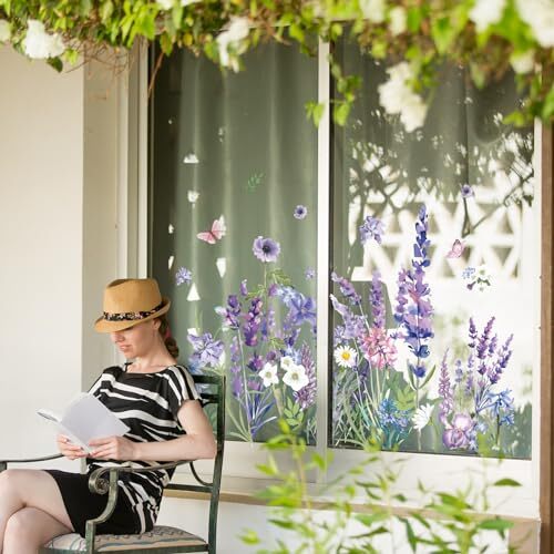 69Pcs Spring Summer Lavender Window Clings Blooming Lavender Butterfly Window