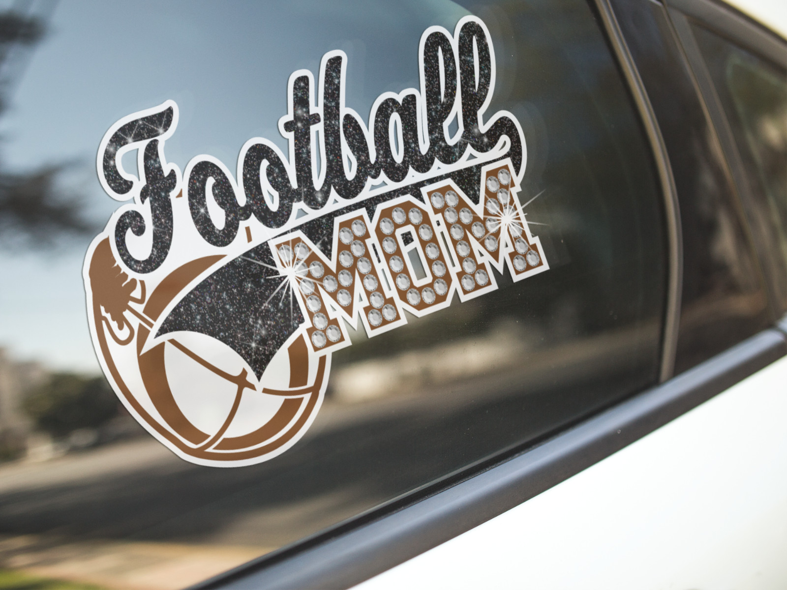 Football Mom glitter rhinestone decal car tumbler stick on blue green silver