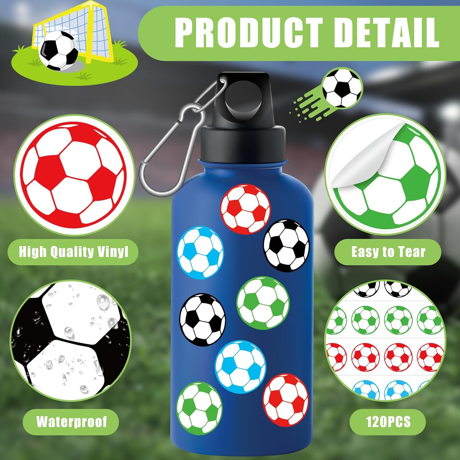 120 Pcs Soccer Stickers Vinyl, Soccer Ball Stickers for Water Bottle Kids Girls