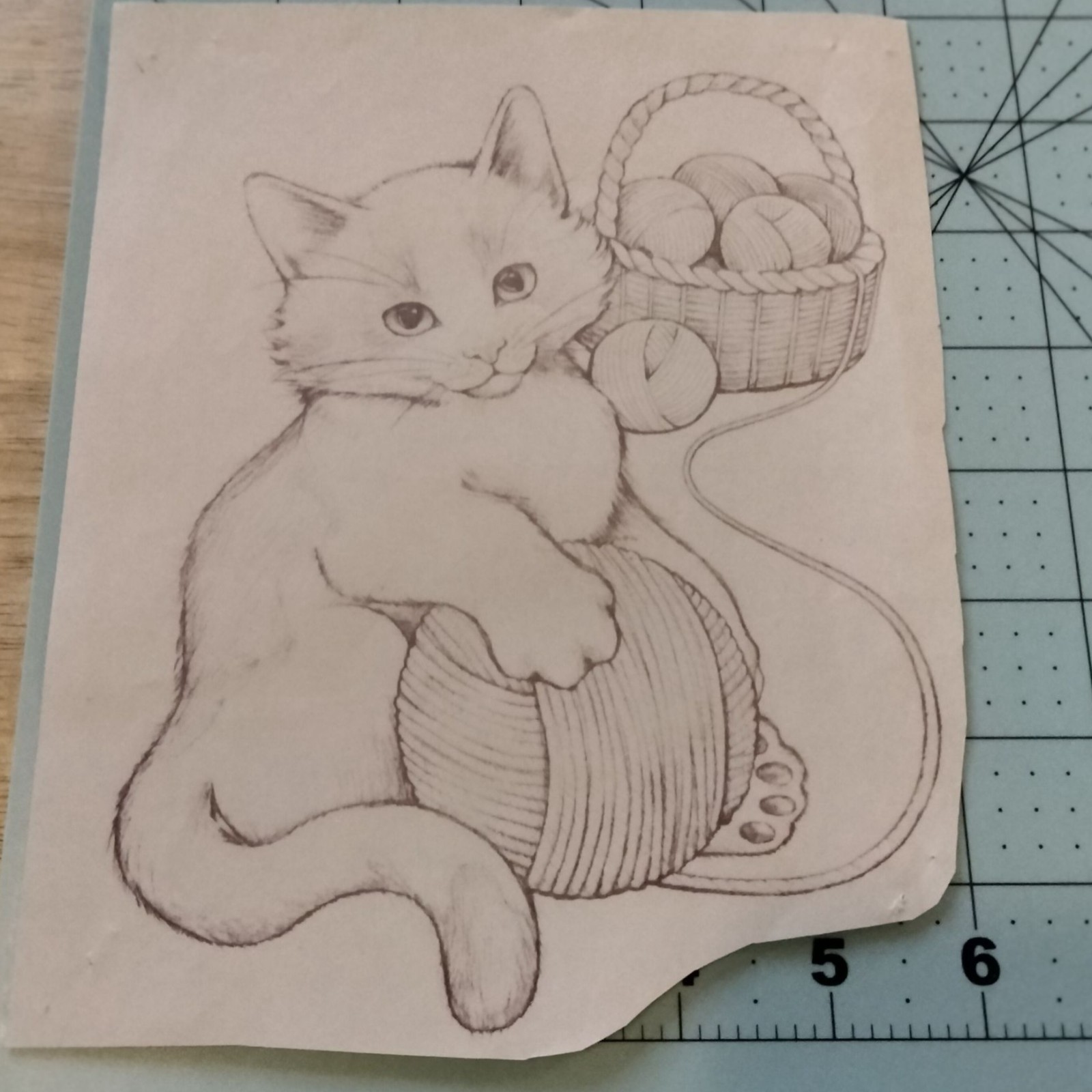 Iron On Cat Transfer 6 x 8 Inches Playful Kitten Yarn Basket Design