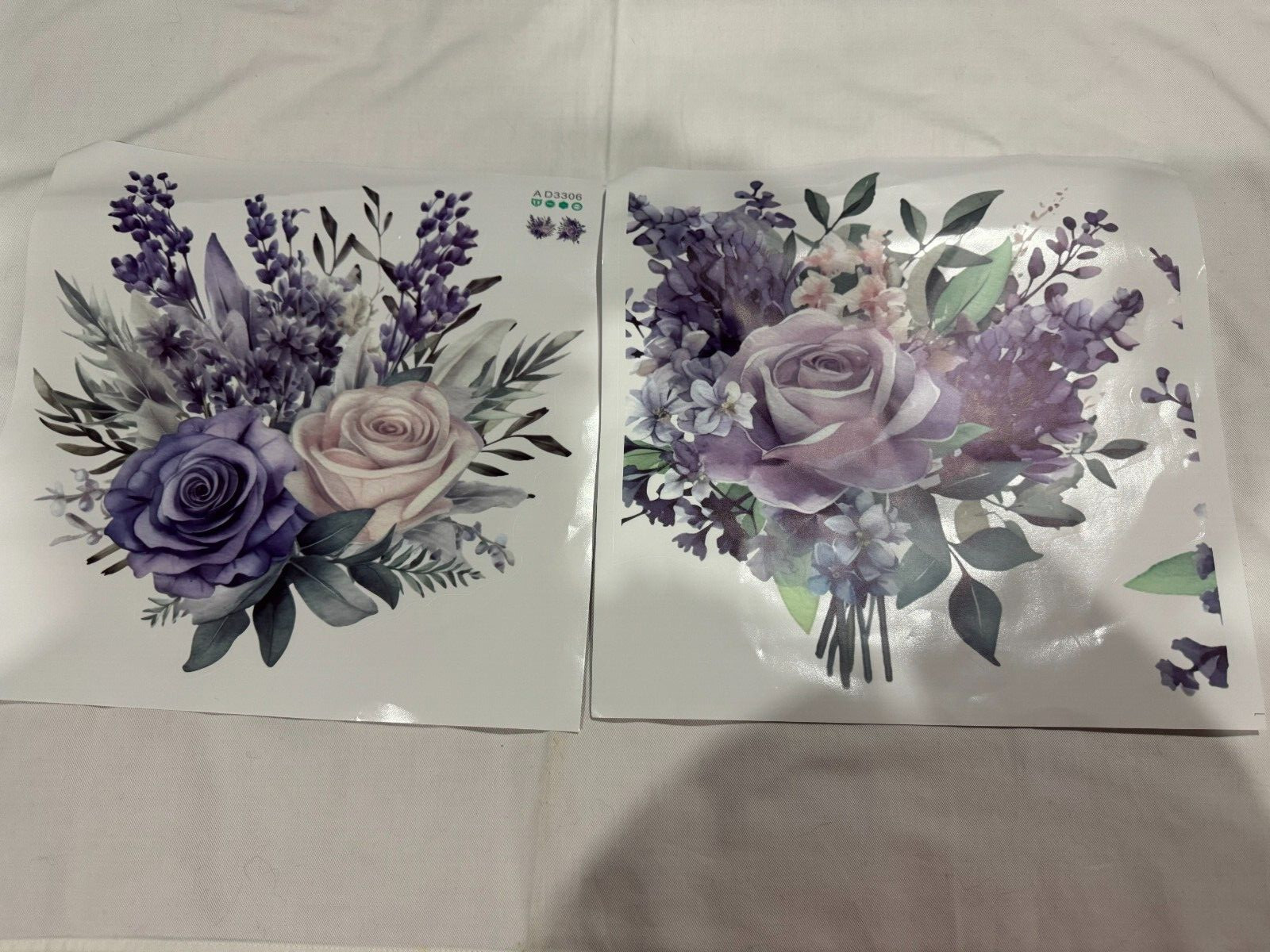 2 Toilet lid Stickers Decals Wall Sticker Size 11"x11"in ea Purple & Peach Roses