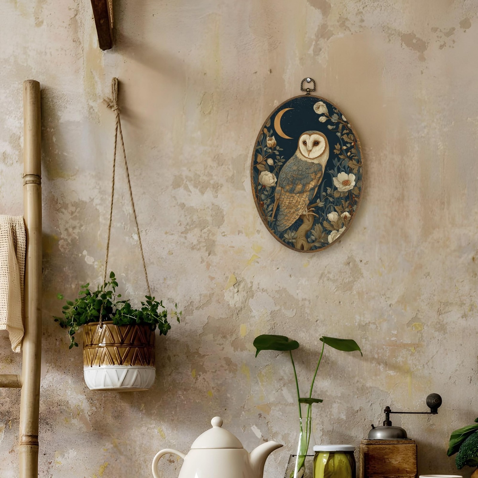 LKETW Vintage Owl Floral Oval Wall Art Decor, Rustic Cottagecore Bird Oval Ca…