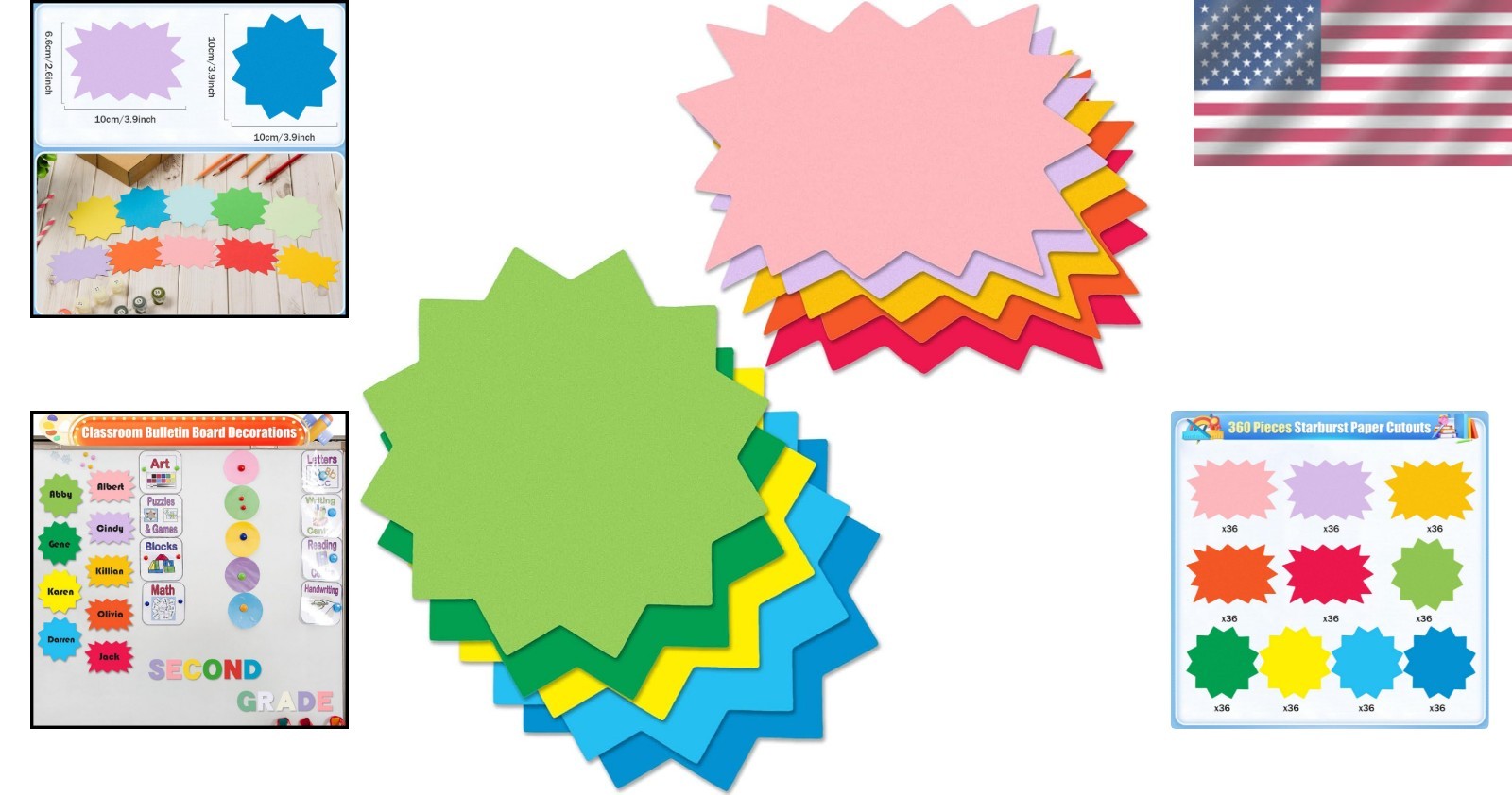 360 Pcs Multicolor Starburst Signs Cutouts in 2 Styles, Blank Round Rectangle…