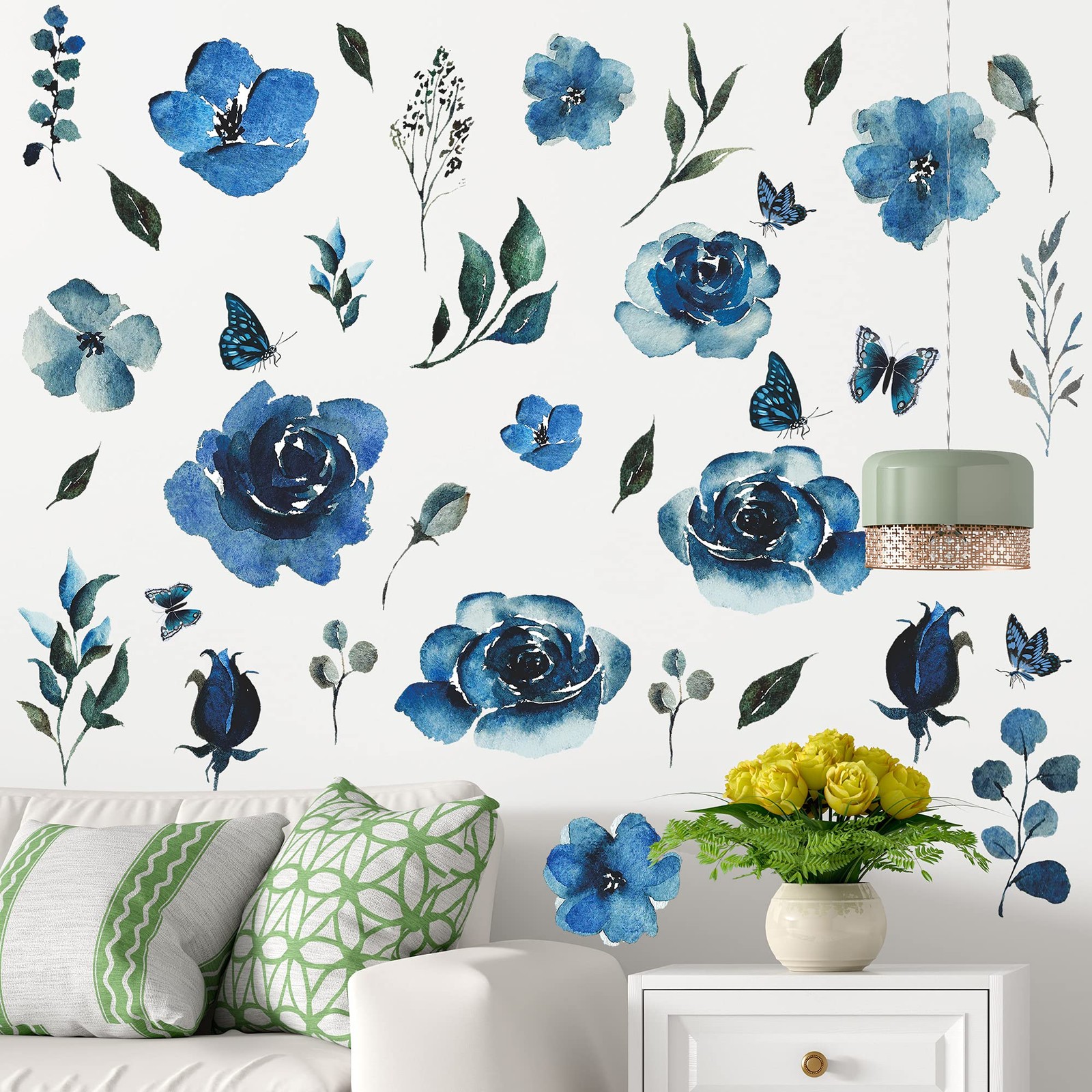 4 Sheets Watercolor Blue Roses Wall Decals Art 12 inch x 18 inch,