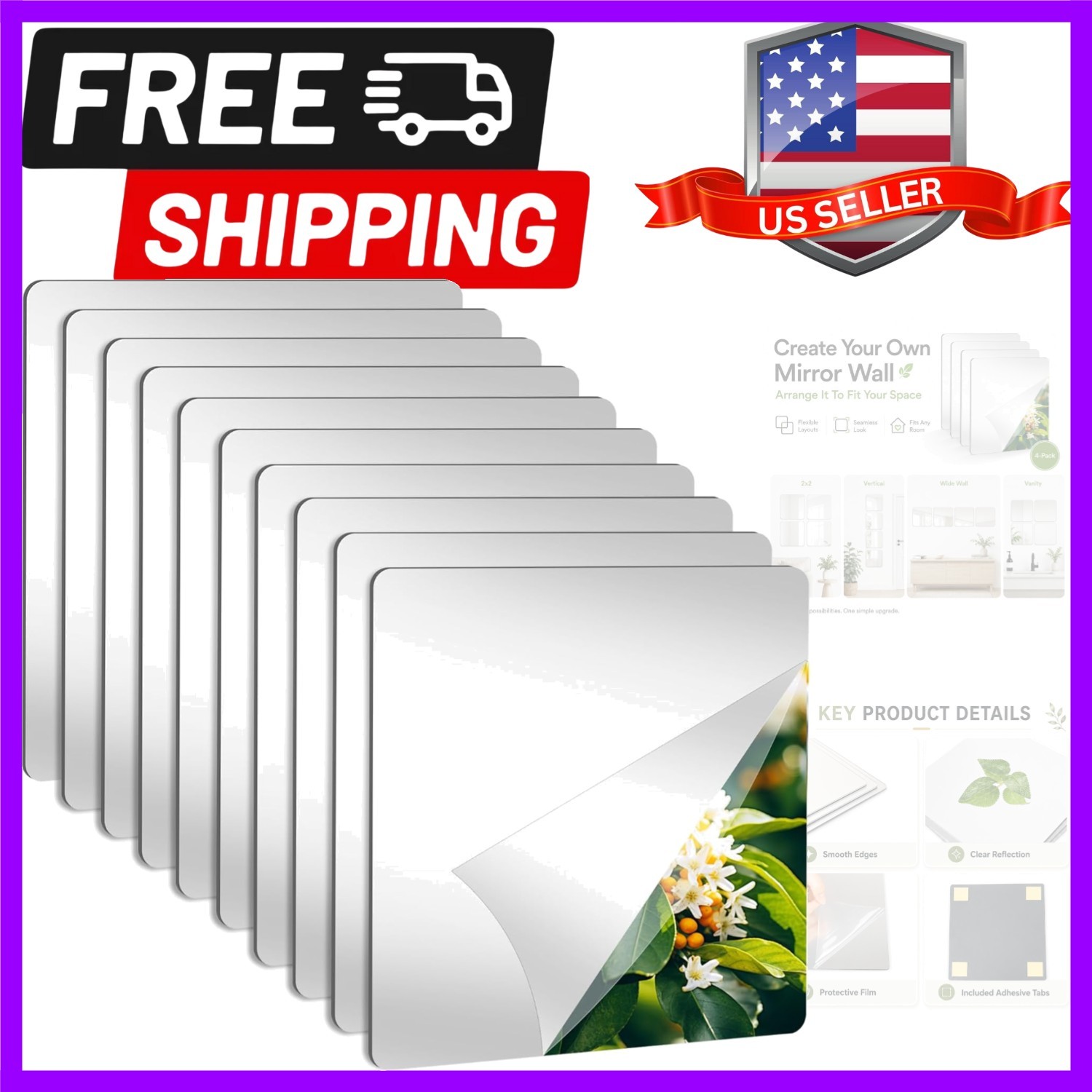 10Pack Peel and Stick Mirrors for Wall, Self Adhesive Square Acrylic Mirror T…