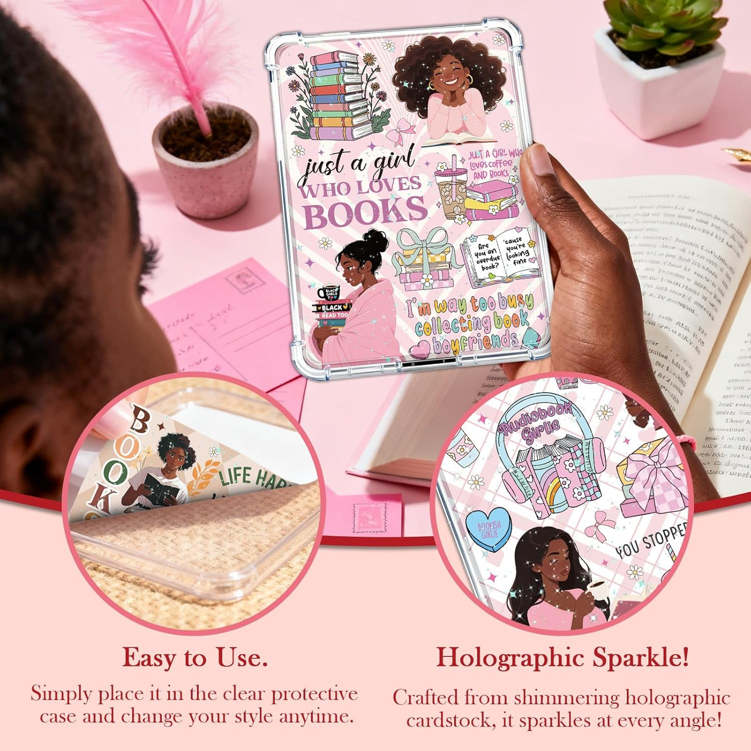 Insert Cardstock for Clear Case – 8 Pcs Black Girl Reading Books Cardstock Inser