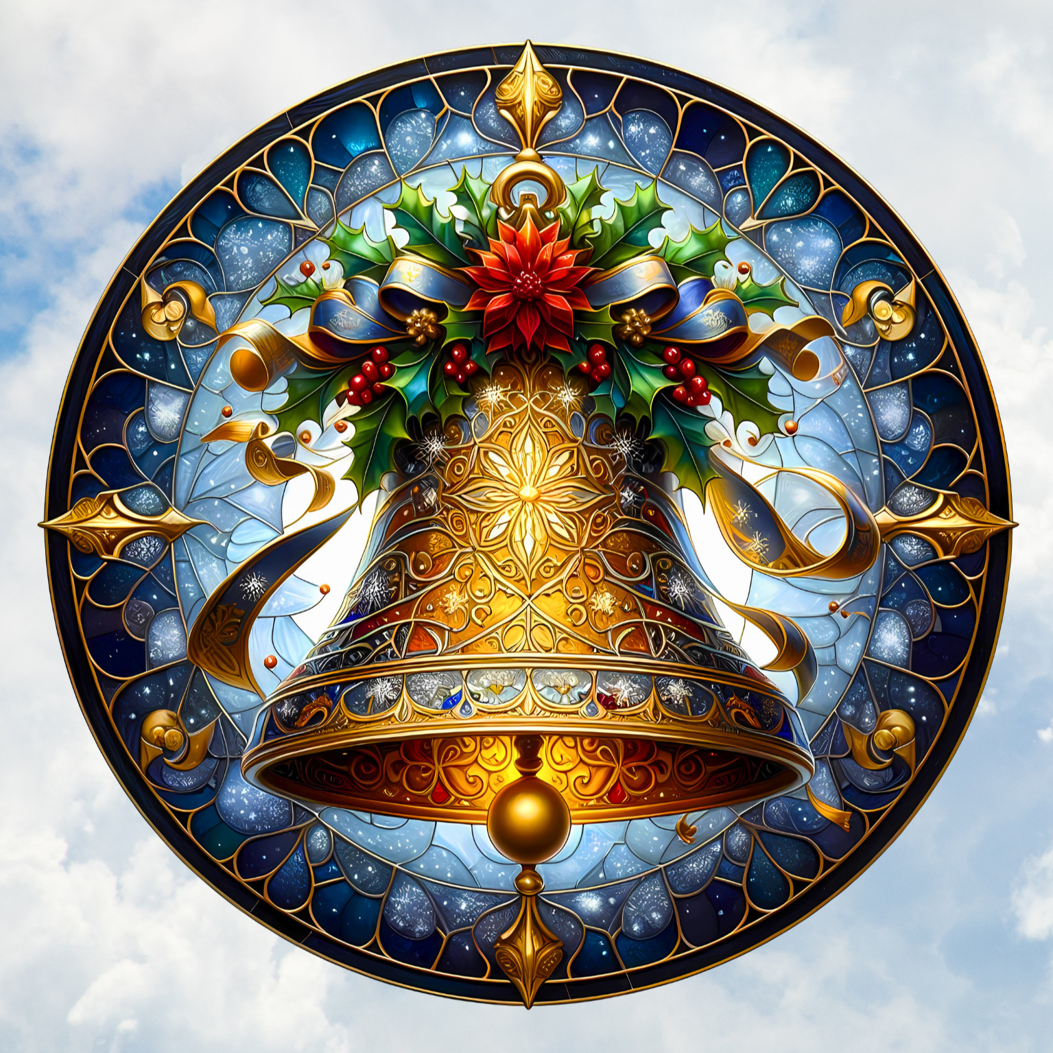 Christmas Bell Faux Stained-Glass WINDOW CLING Size 8" Round Vinyl