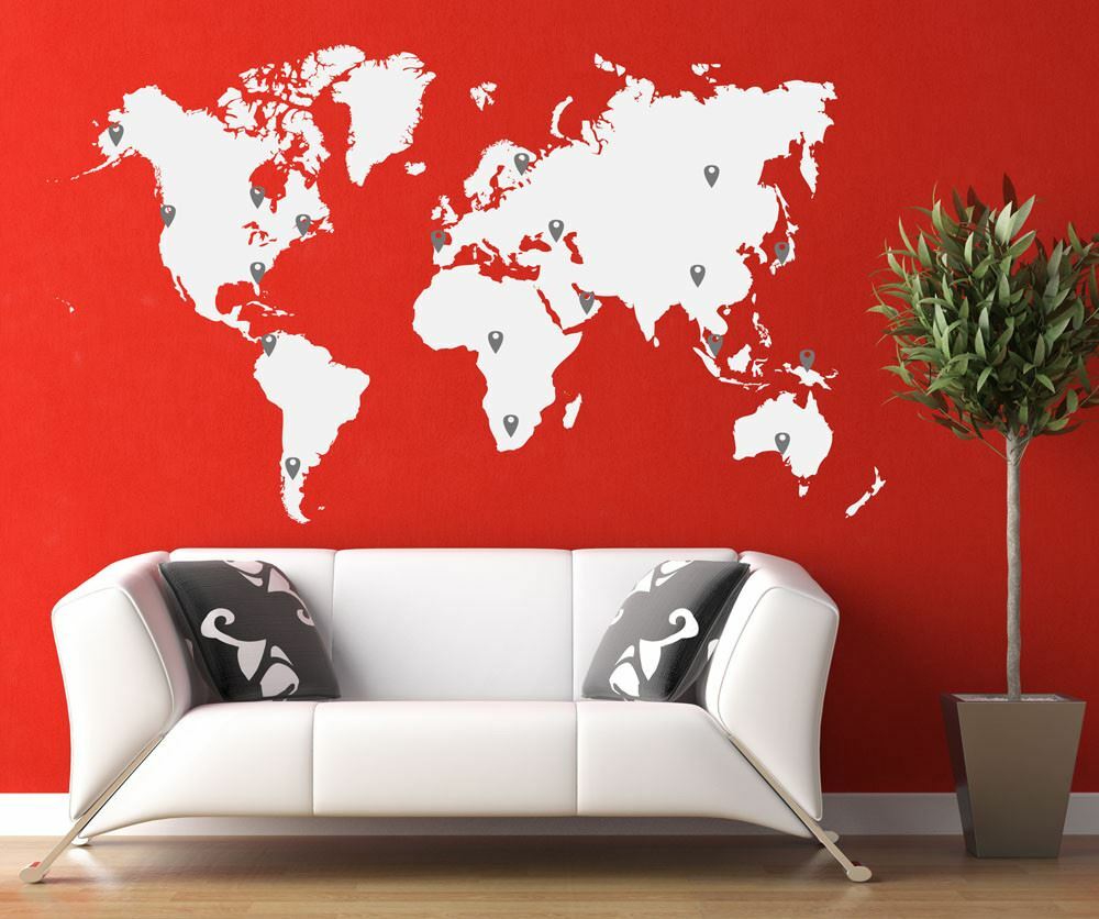 World Map Vinyl Wall Decal Sticker. Includes Location Pins. Office Wall Map #873