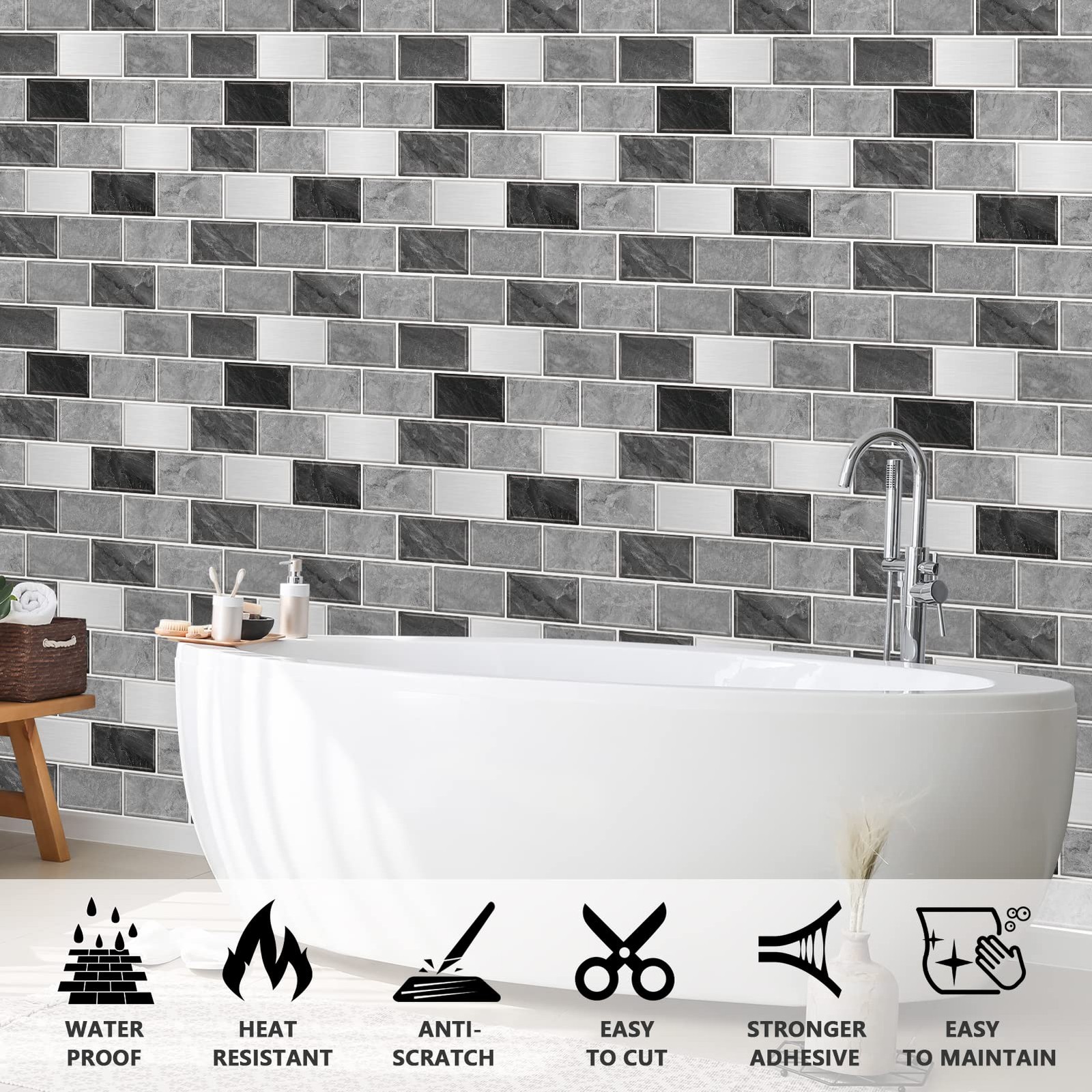 URCOLOR 10-Sheet Subway Tile Peel and Stick Backsplash 12"x12", Gray Marble