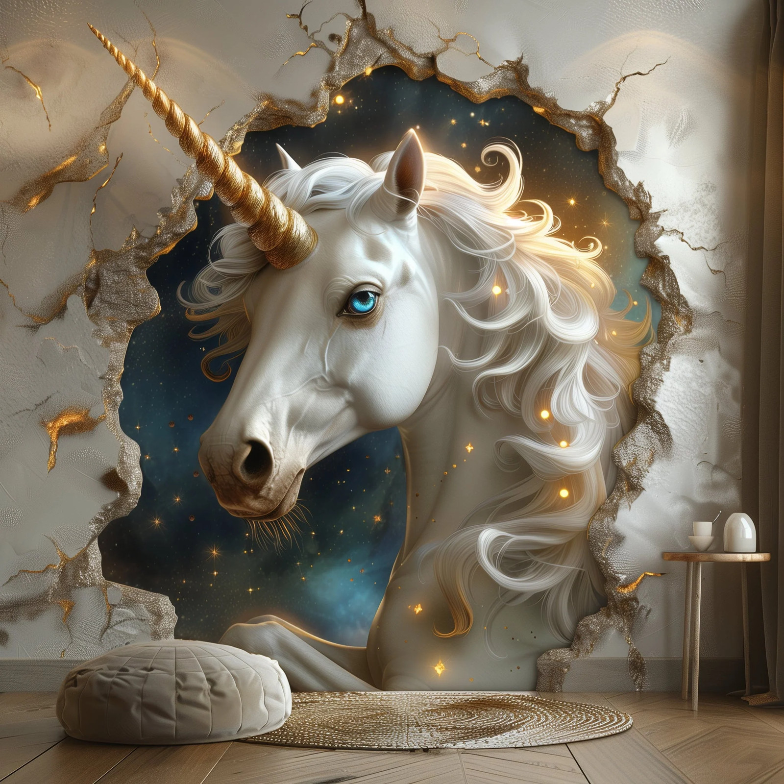 3D Fantasy Unicorn Wall Decal Sticker – Enchanted Unicorn Breaking Through Wall