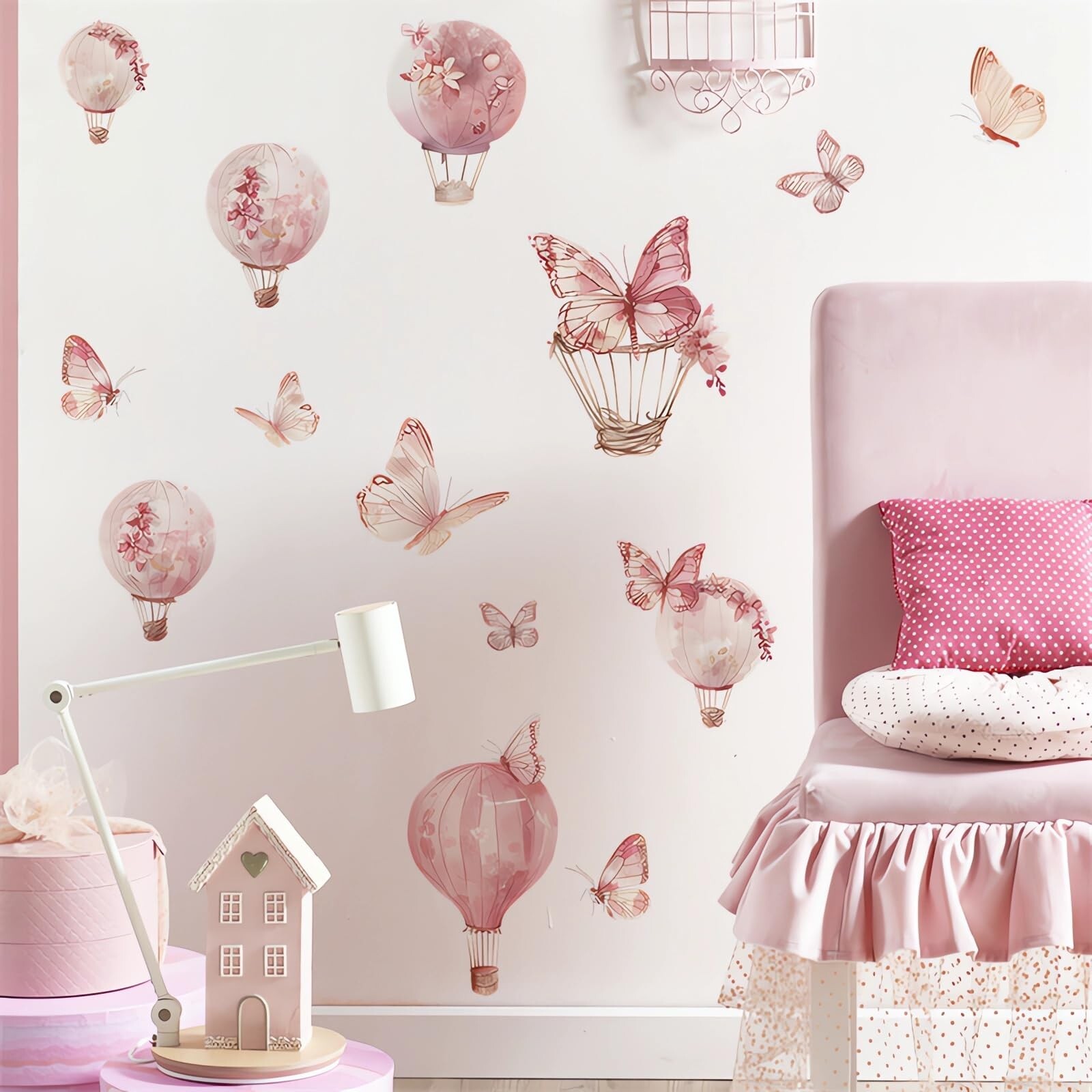 Pink Butterfly Hot Air Balloon Large Wall Stickers, sacinora DIY Art Wall Dec…