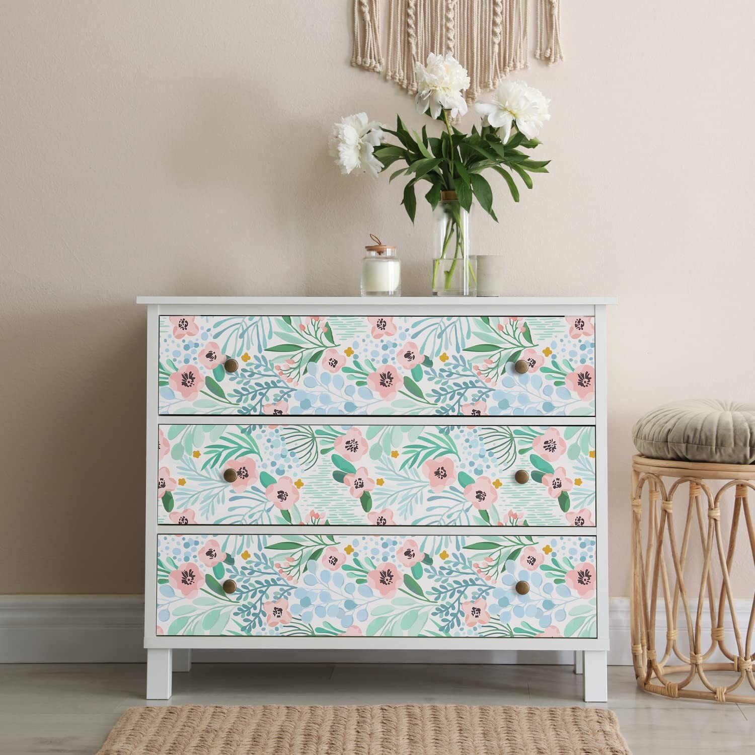 VaryPaper 17.7"x315" Pink/Blue/Green Floral Wallpaper Peel and Stick Wallpa…
