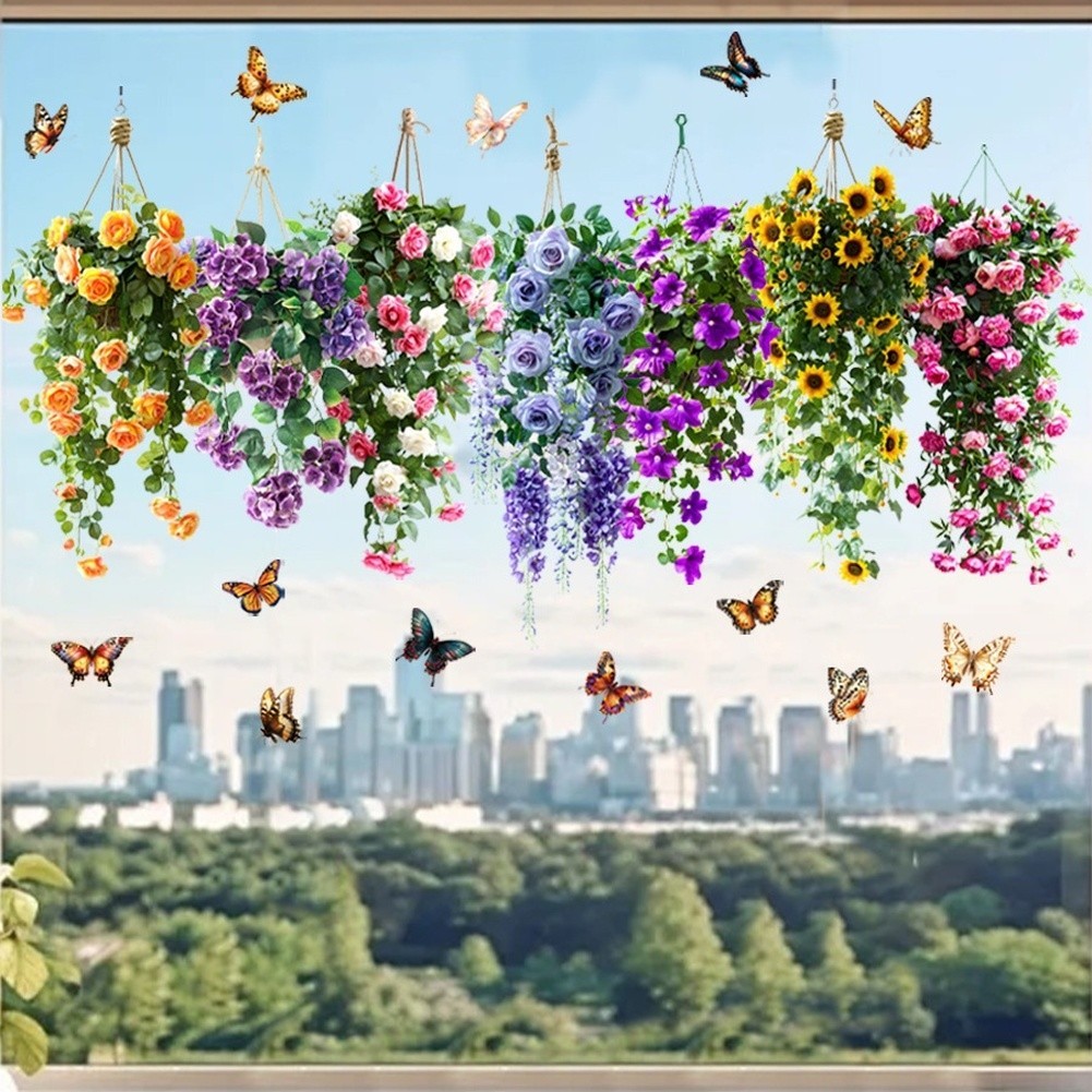 Static Cling Window Decals Floral Basket Birds Butterfly Pattern PVC Sticker