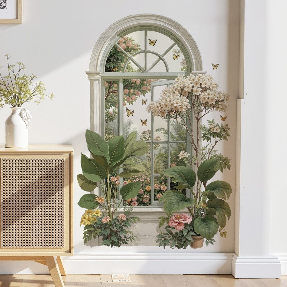 3D Fake Window Wall Sticker Removable Green Plants Flower Wall Decor PVC