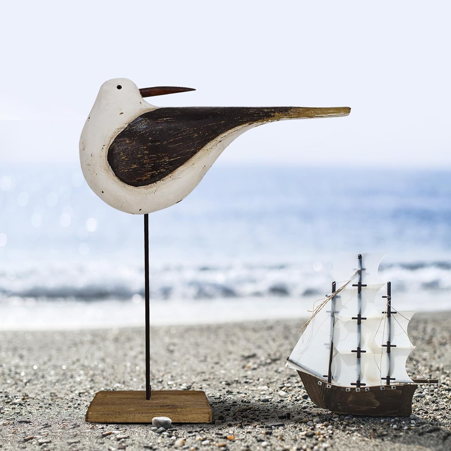 Wooden Sea Bird Statue Seagull On Stand Decor Nautical Coastal Birds Sculpture