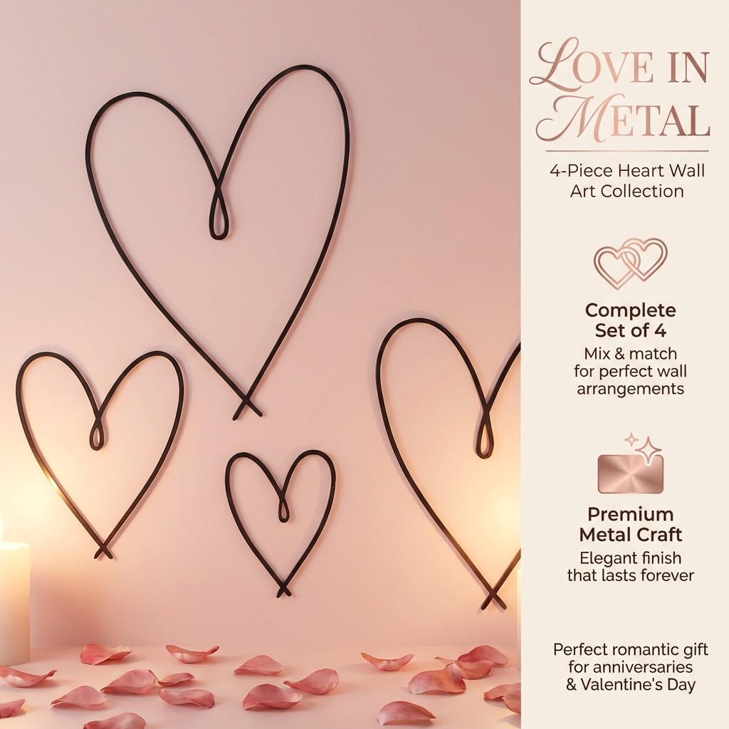 Heart Shaped Metal Wall Art Set for Living Room and Bedroom Wall Hanging 4-Piece