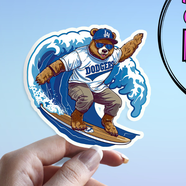LA Dodgers Sticker: Surfing Bear Mascot Los Angeles Baseball Waterproof Sticker