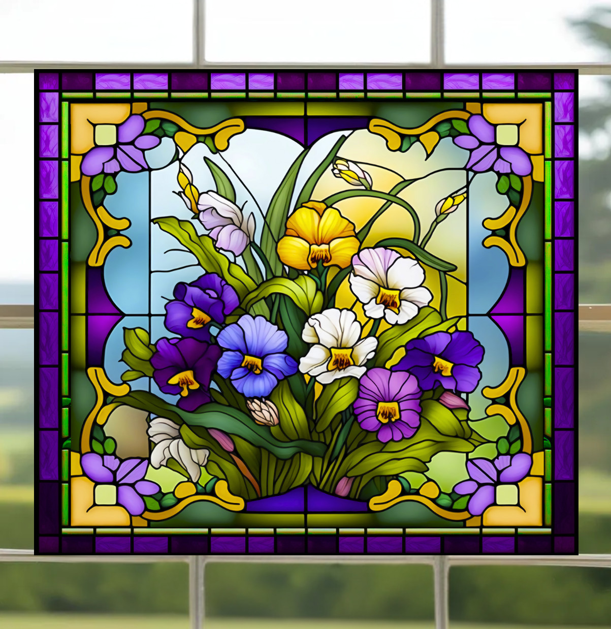 Pansies Faux Stained-Glass WINDOW CLING Size 9" Vinyl